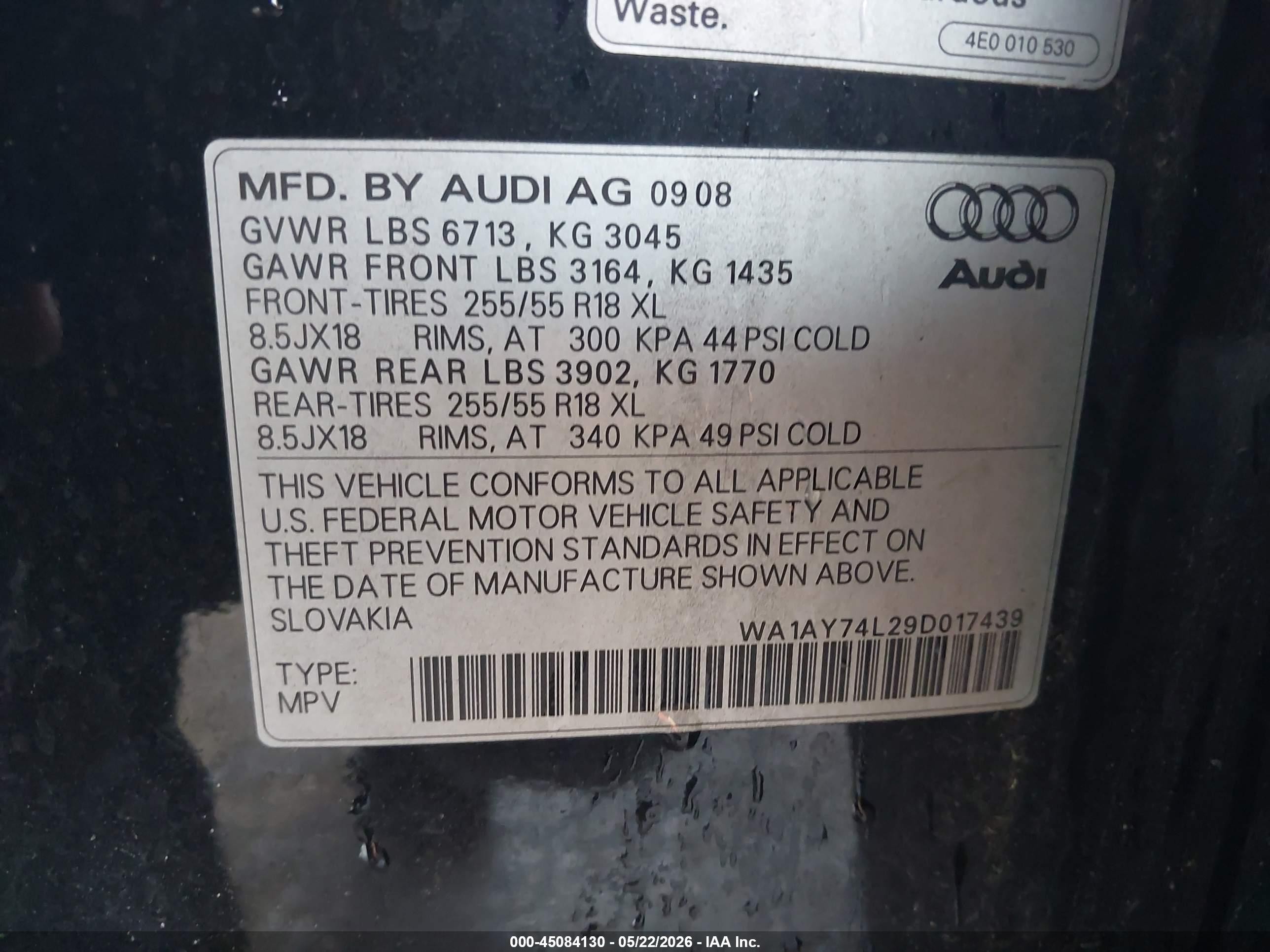 2009 Audi Q7 3.6 5 Passenger/3.6 Premium Black vin: WA1AY74L29D017439