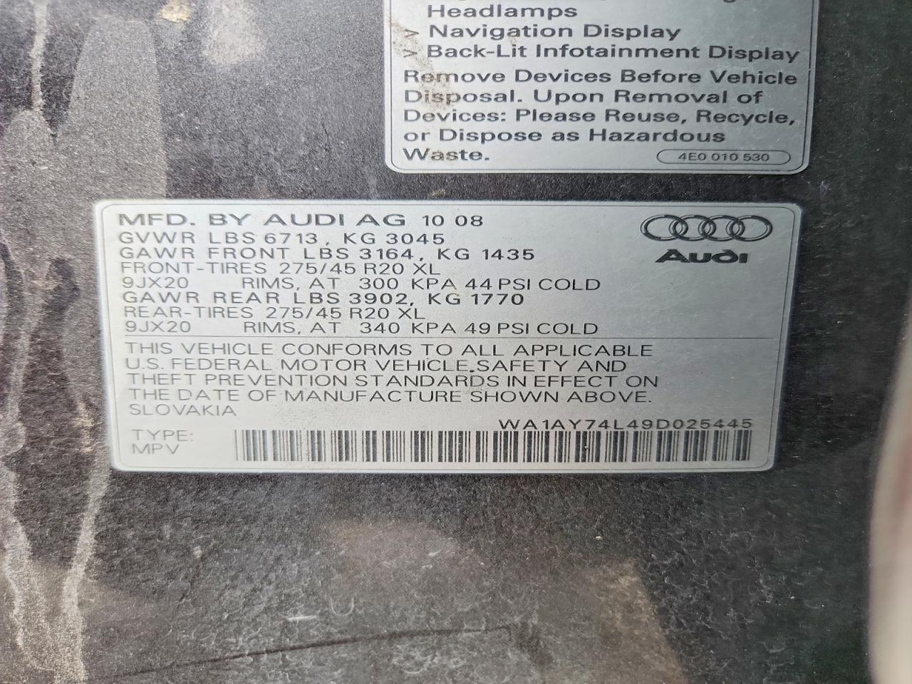 2009 Audi Q7 3.6 Quattro Серый vin: WA1AY74L49D025445