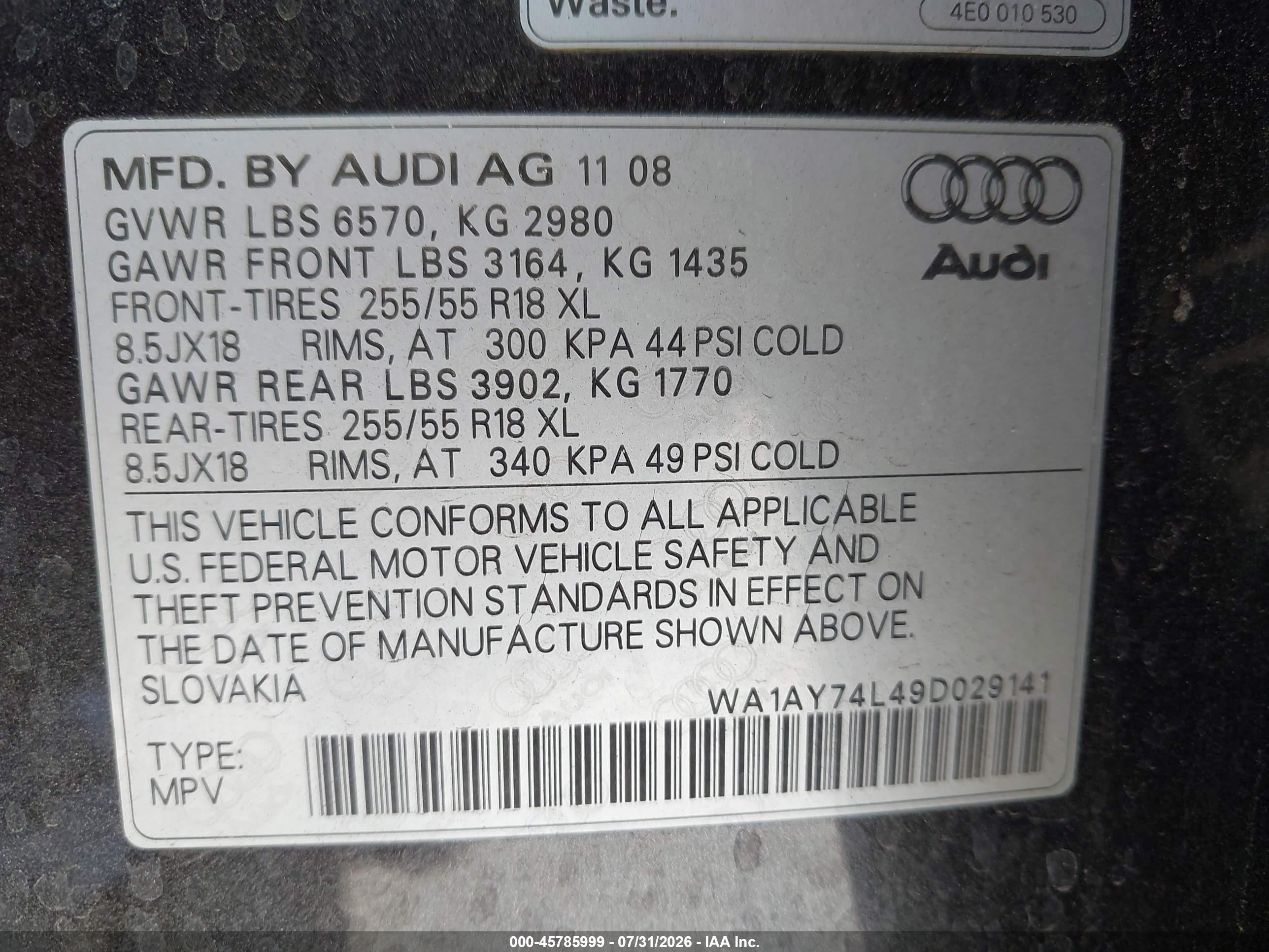 2009 Audi Q7 3.6 5 Passenger Gray vin: WA1AY74L49D029141
