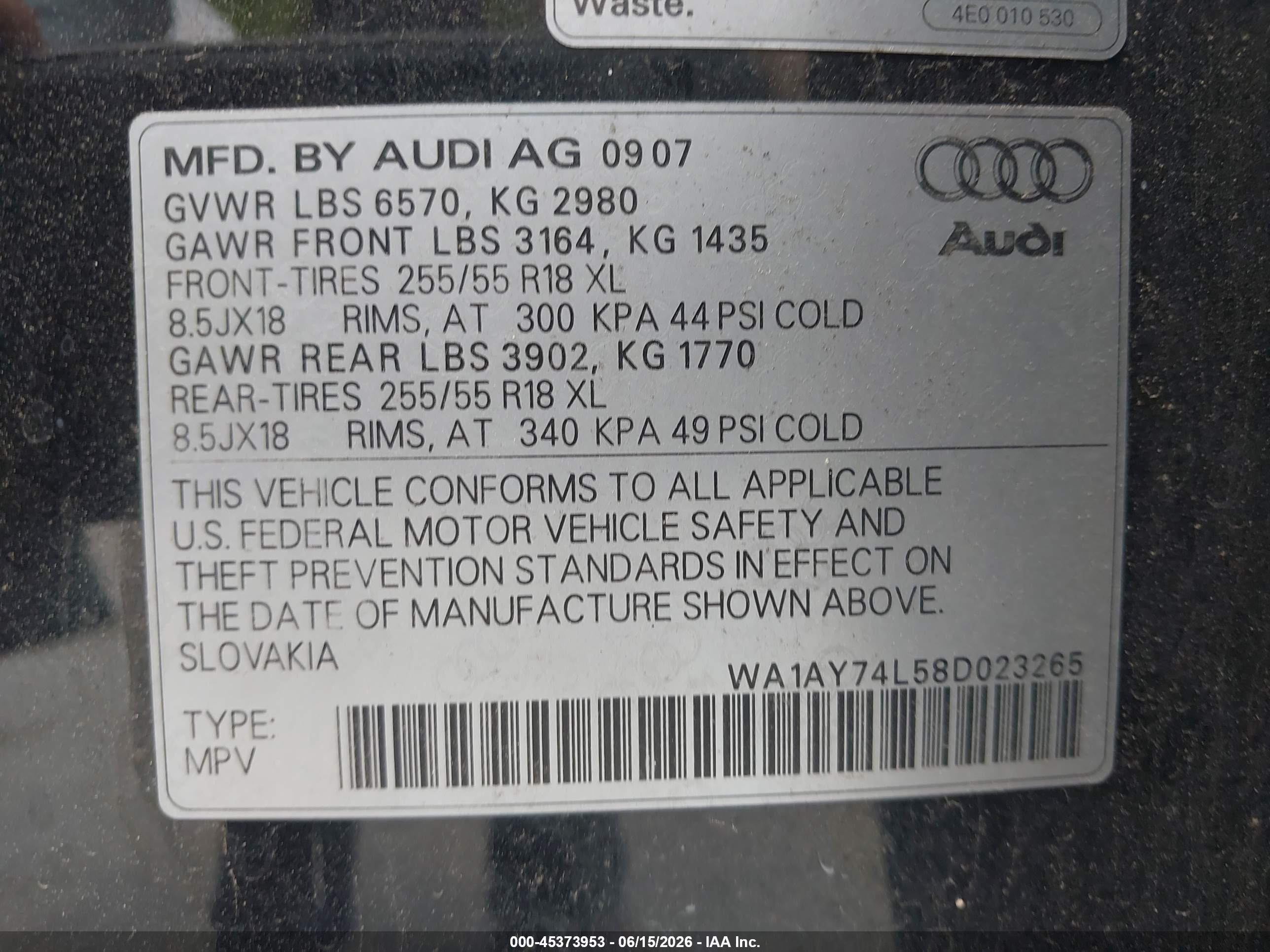 2008 Audi Q7 3.6 Black vin: WA1AY74L58D023265