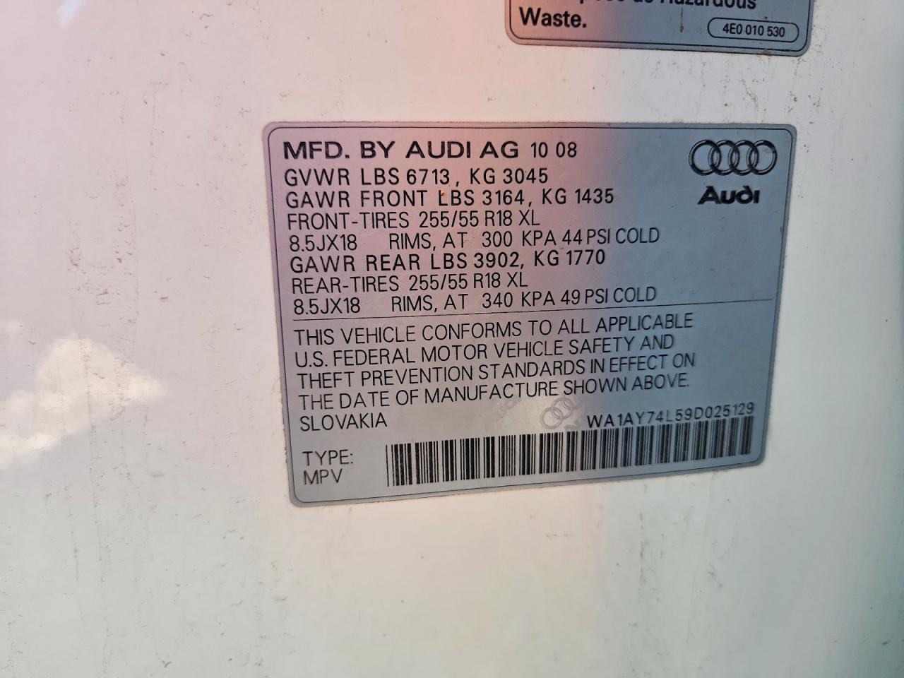 2009 Audi Q7 3.6 Quattro White vin: WA1AY74L59D025129