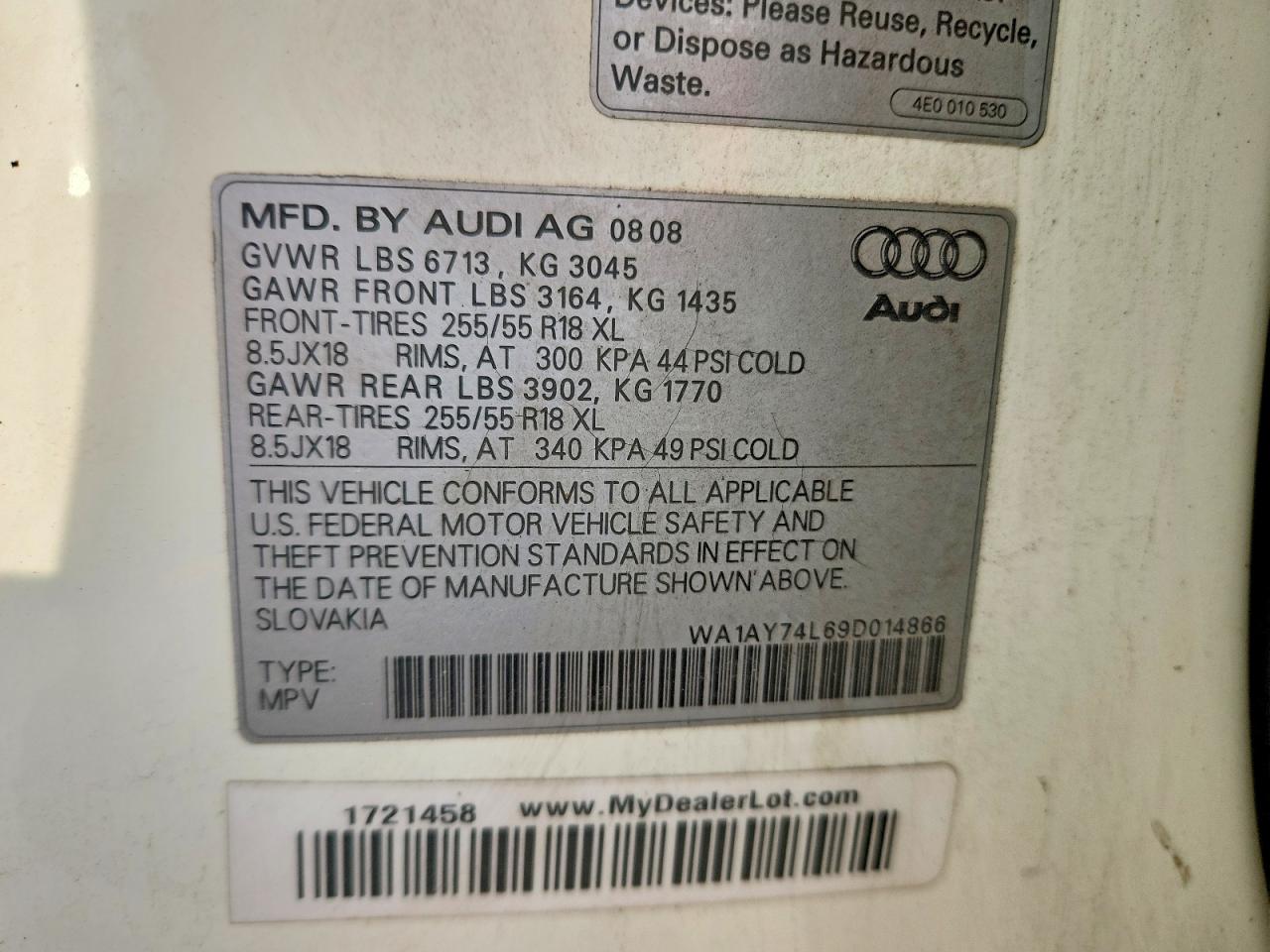 2009 Audi Q7 3.6 Quattro White vin: WA1AY74L69D014866