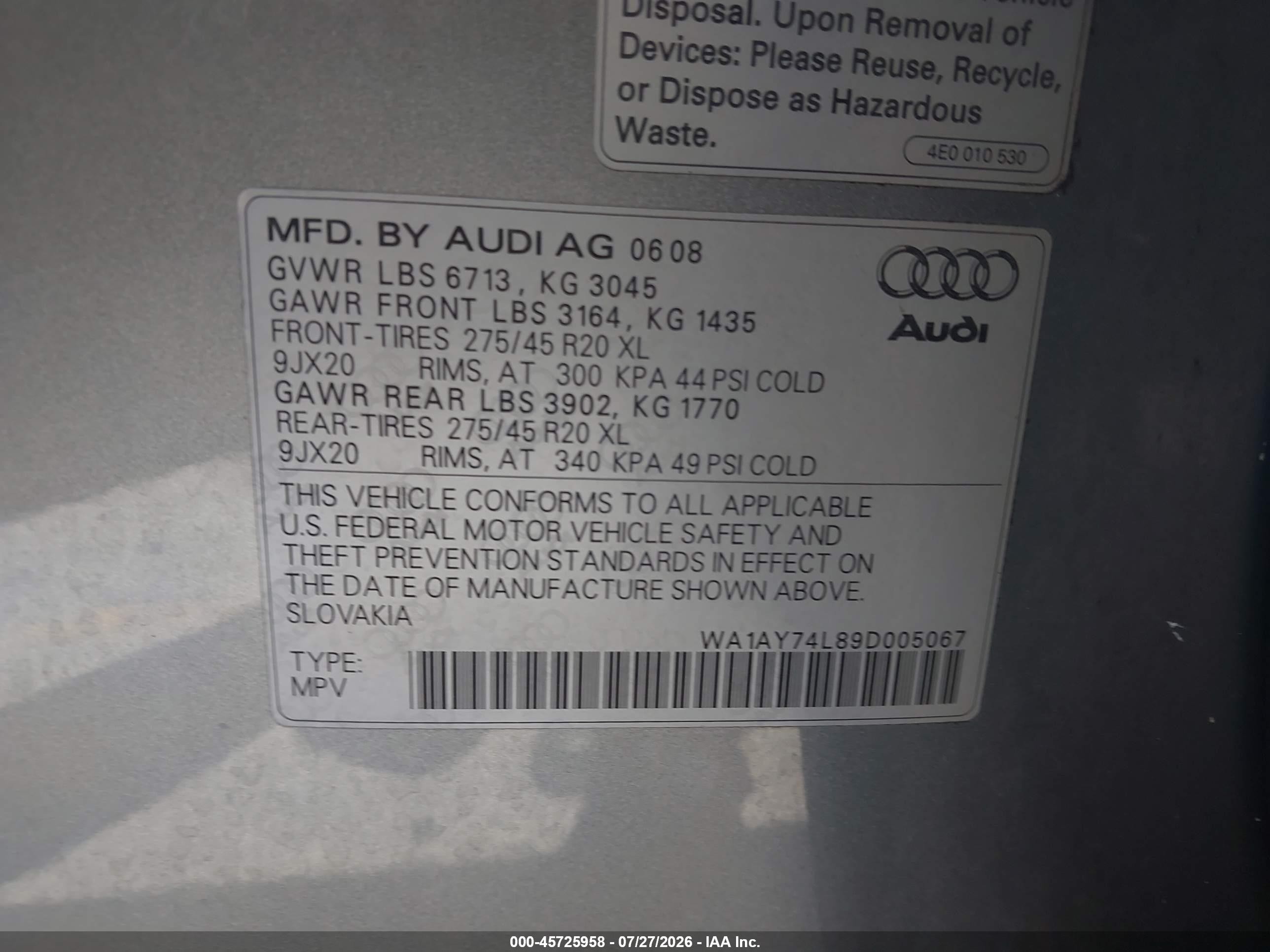 2009 Audi Q7 3.6 5 Passenger/3.6 Premium Gray vin: WA1AY74L89D005067