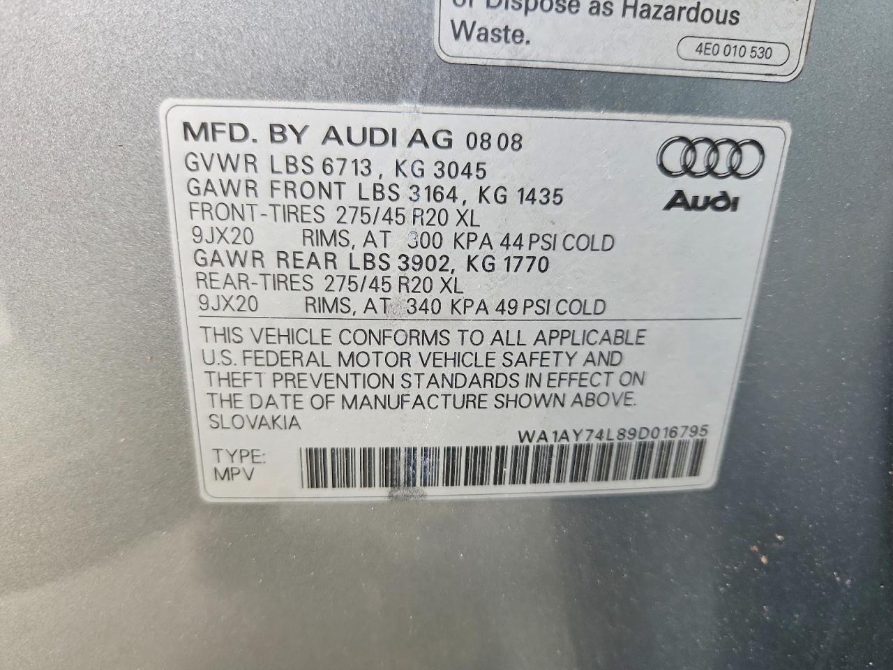 2009 Audi Q7 3.6 Quattro Silver vin: WA1AY74L89D016795