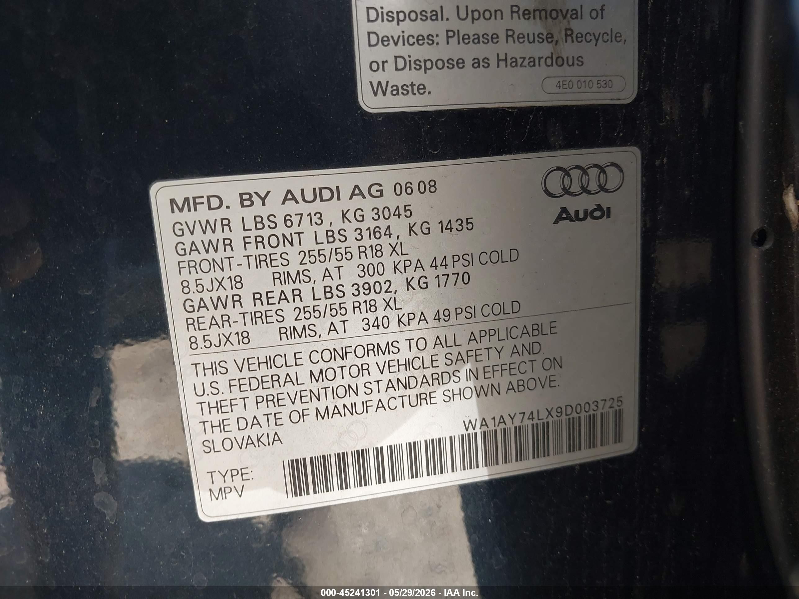 2009 Audi Q7 3.6 5 Passenger/3.6 Premium Blue vin: WA1AY74LX9D003725