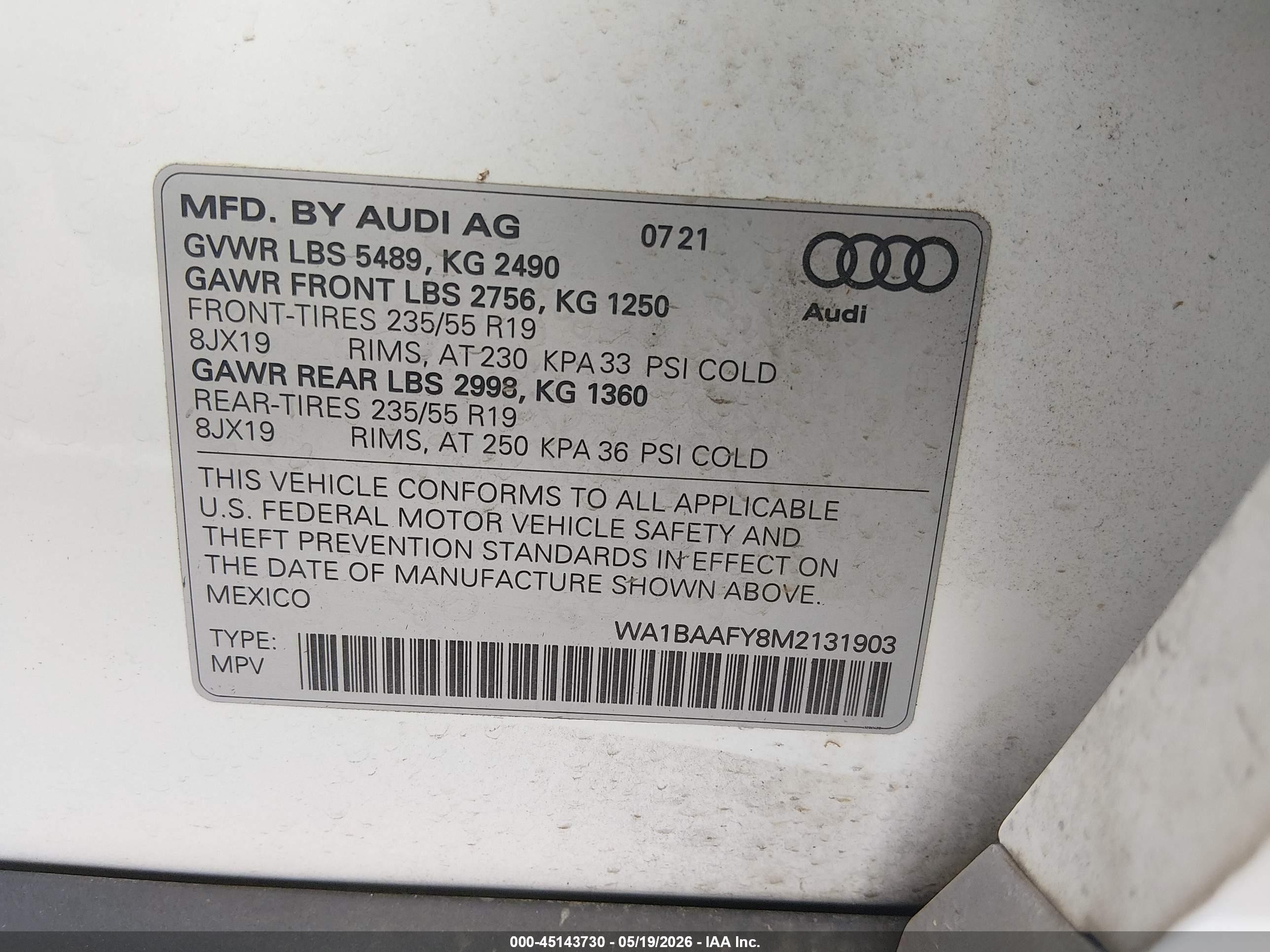 2021 Audi Q5 Premium Plus 45 Tfsi Quattro S Tronic White vin: WA1BAAFY8M2131903
