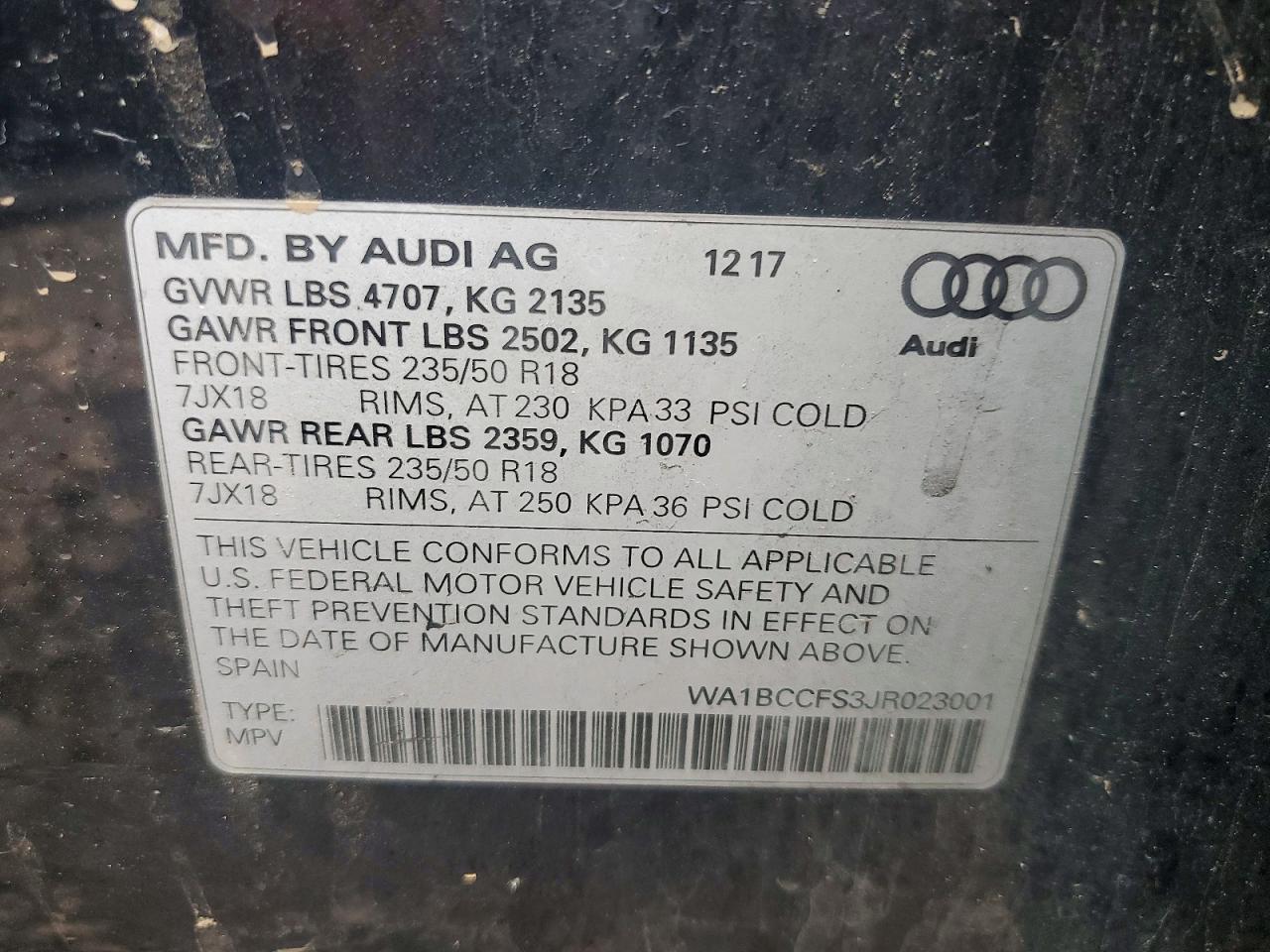 2018 Audi Q3 Black vin: WA1BCCFS3JR023001
