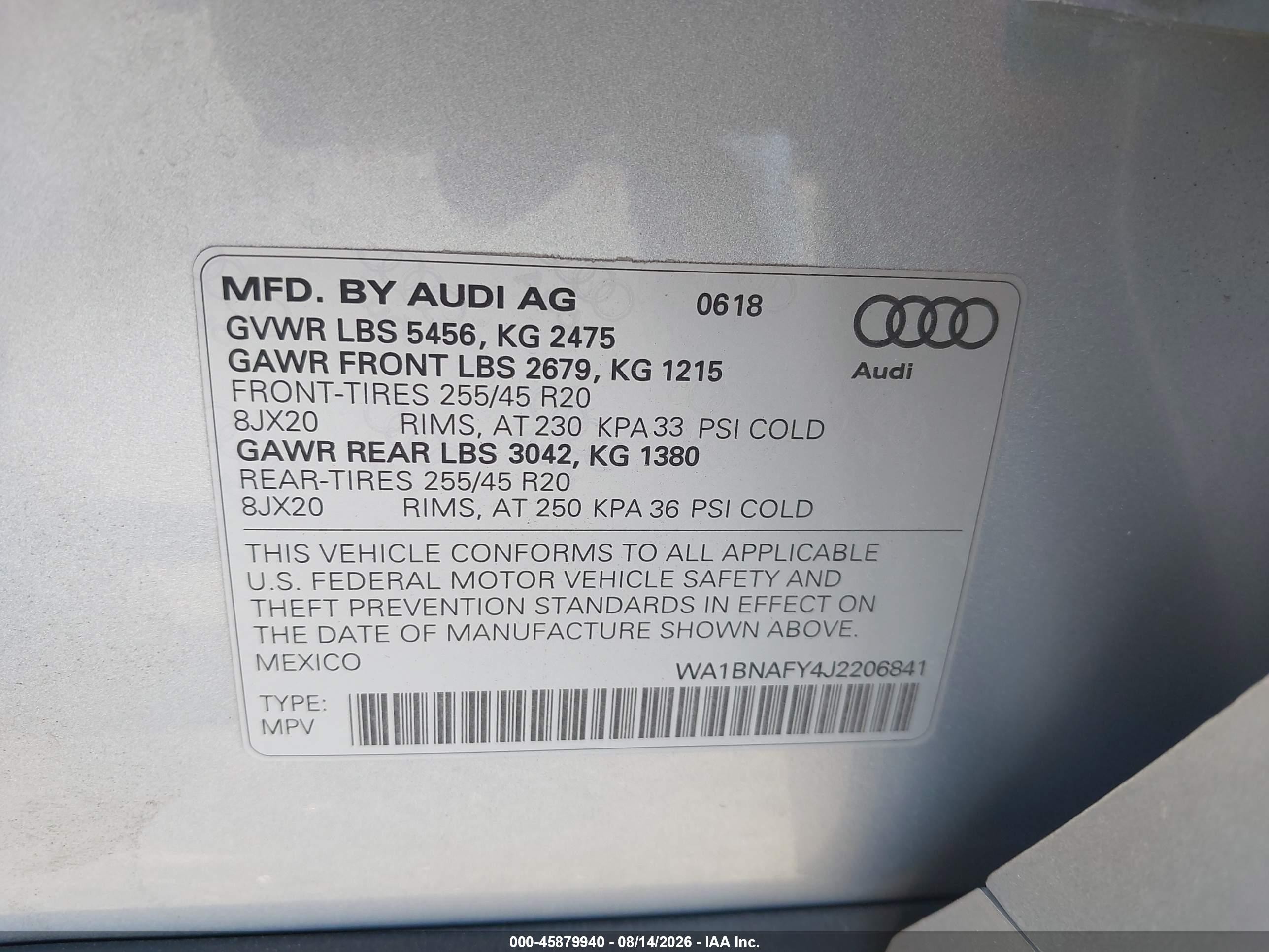 2018 Audi Q5 2.0t Premium/2.0t Tech Premium Silver vin: WA1BNAFY4J2206841