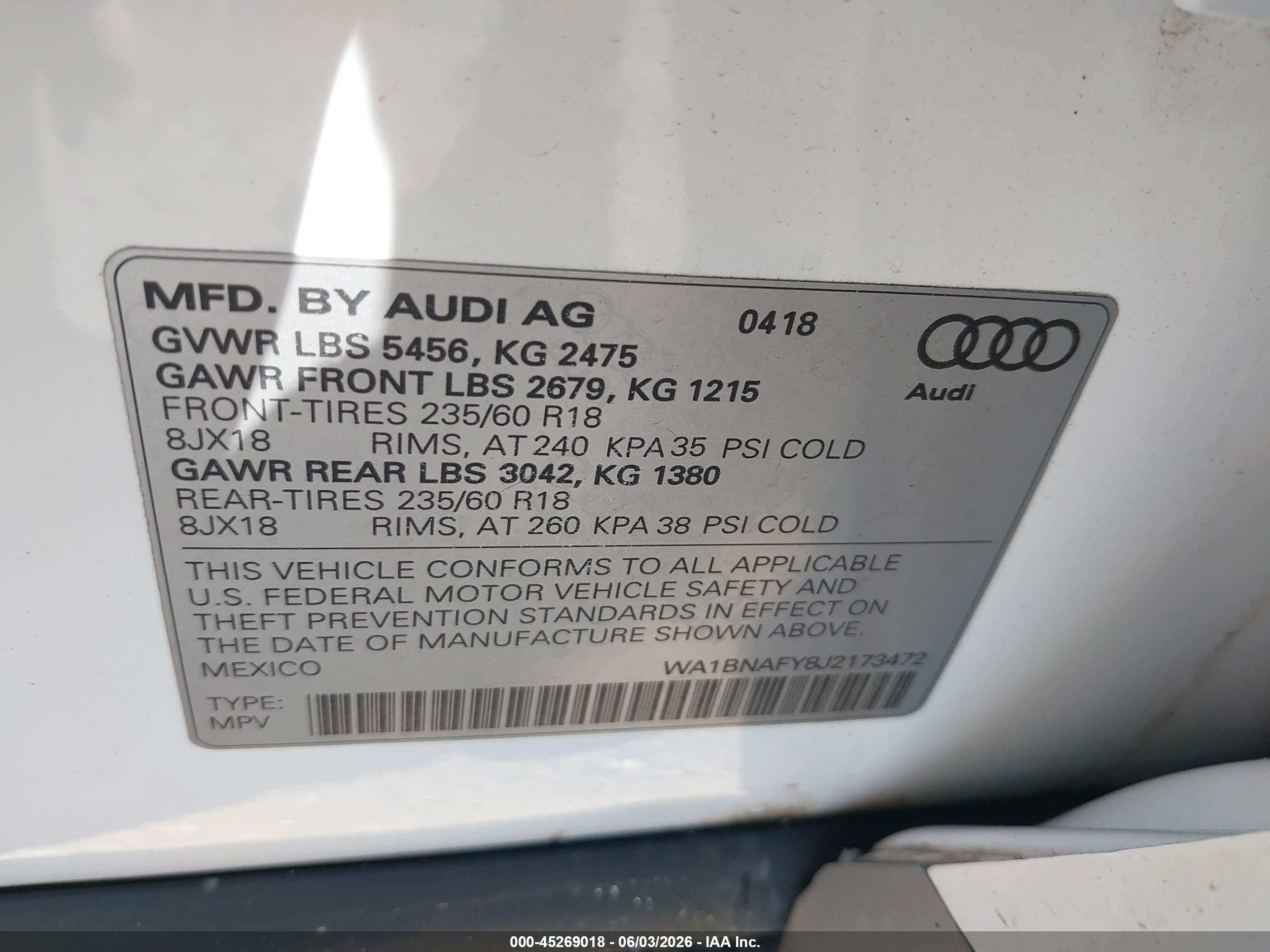 2018 Audi Q5 2.0t Premium/2.0t Tech Premium Белый vin: WA1BNAFY8J2173472