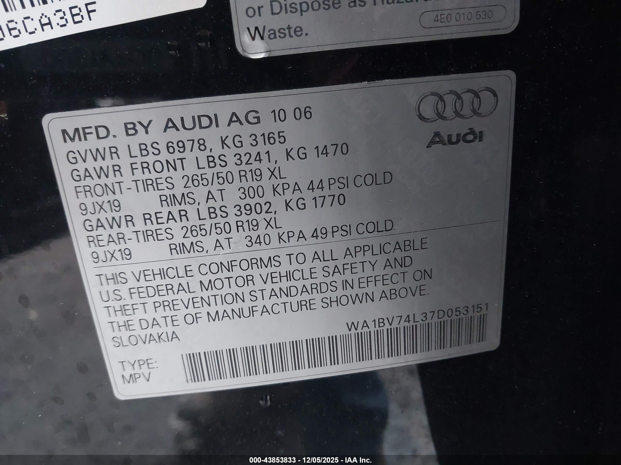 2007 Audi Q7 4.2 Premium Черный vin: WA1BV74L37D053151