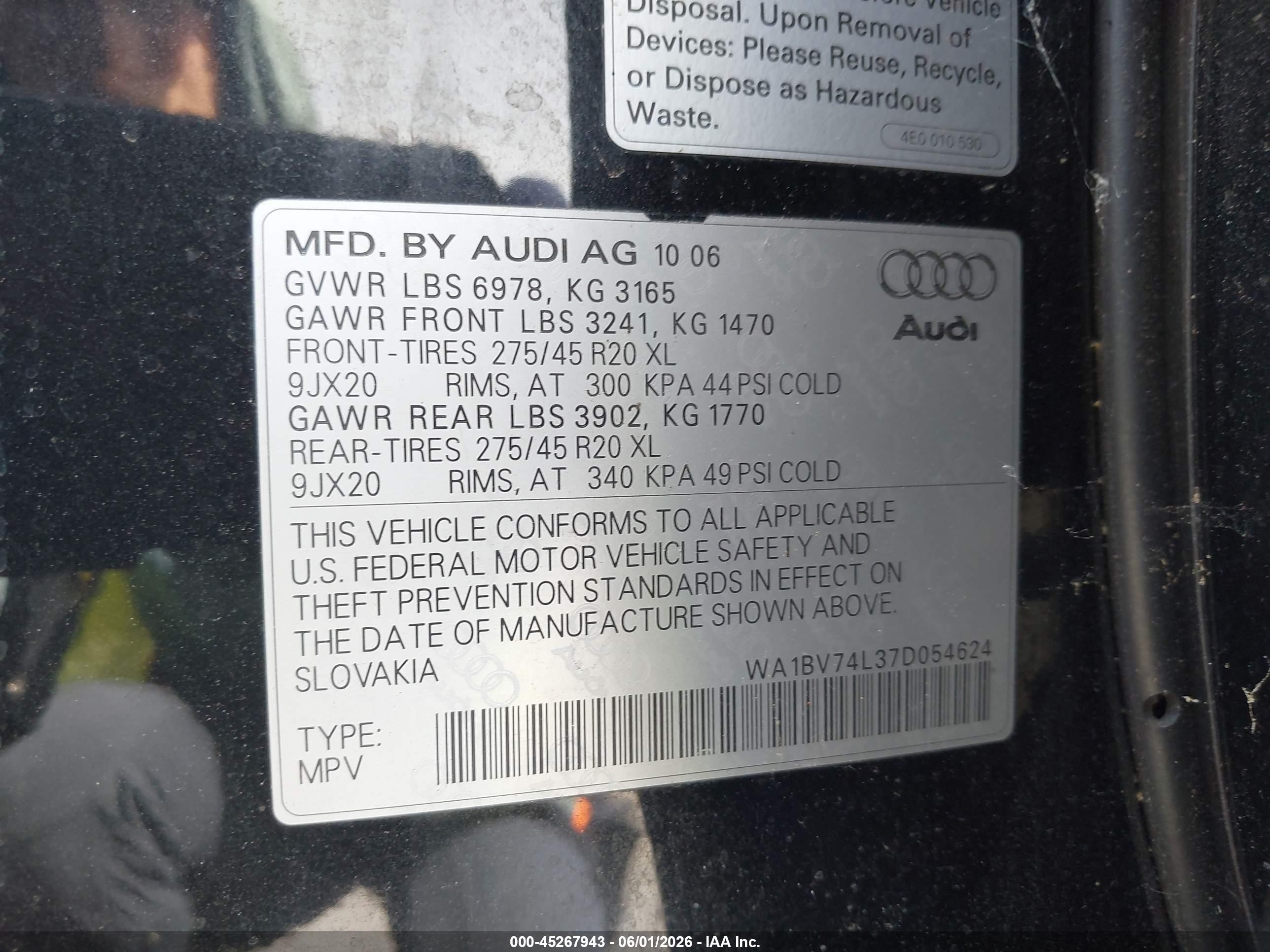2007 Audi Q7 4.2 Premium Black vin: WA1BV74L37D054624