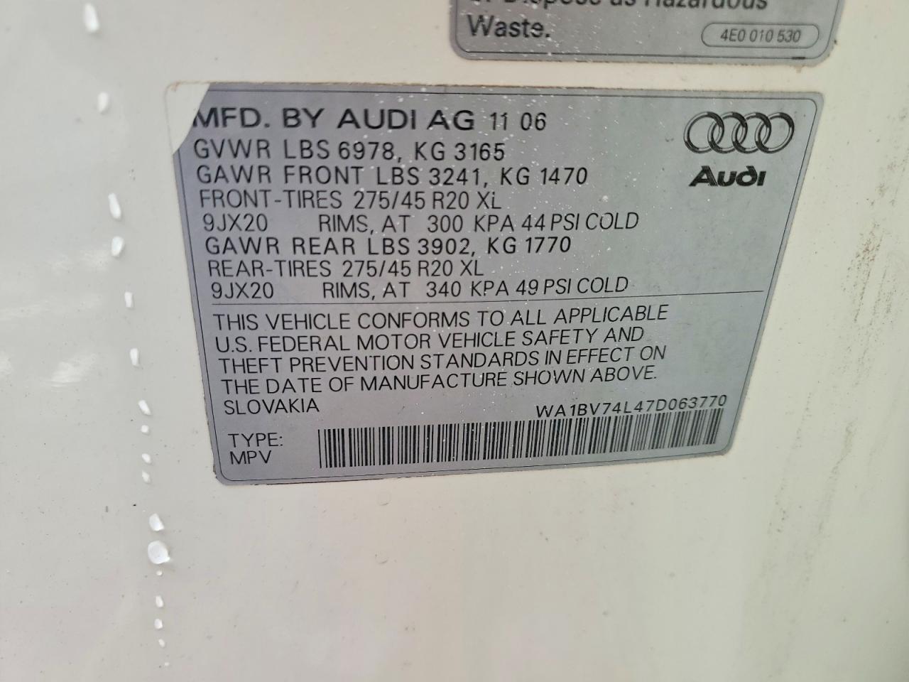 2007 Audi Q7 4.2 Quattro Premium White vin: WA1BV74L47D063770