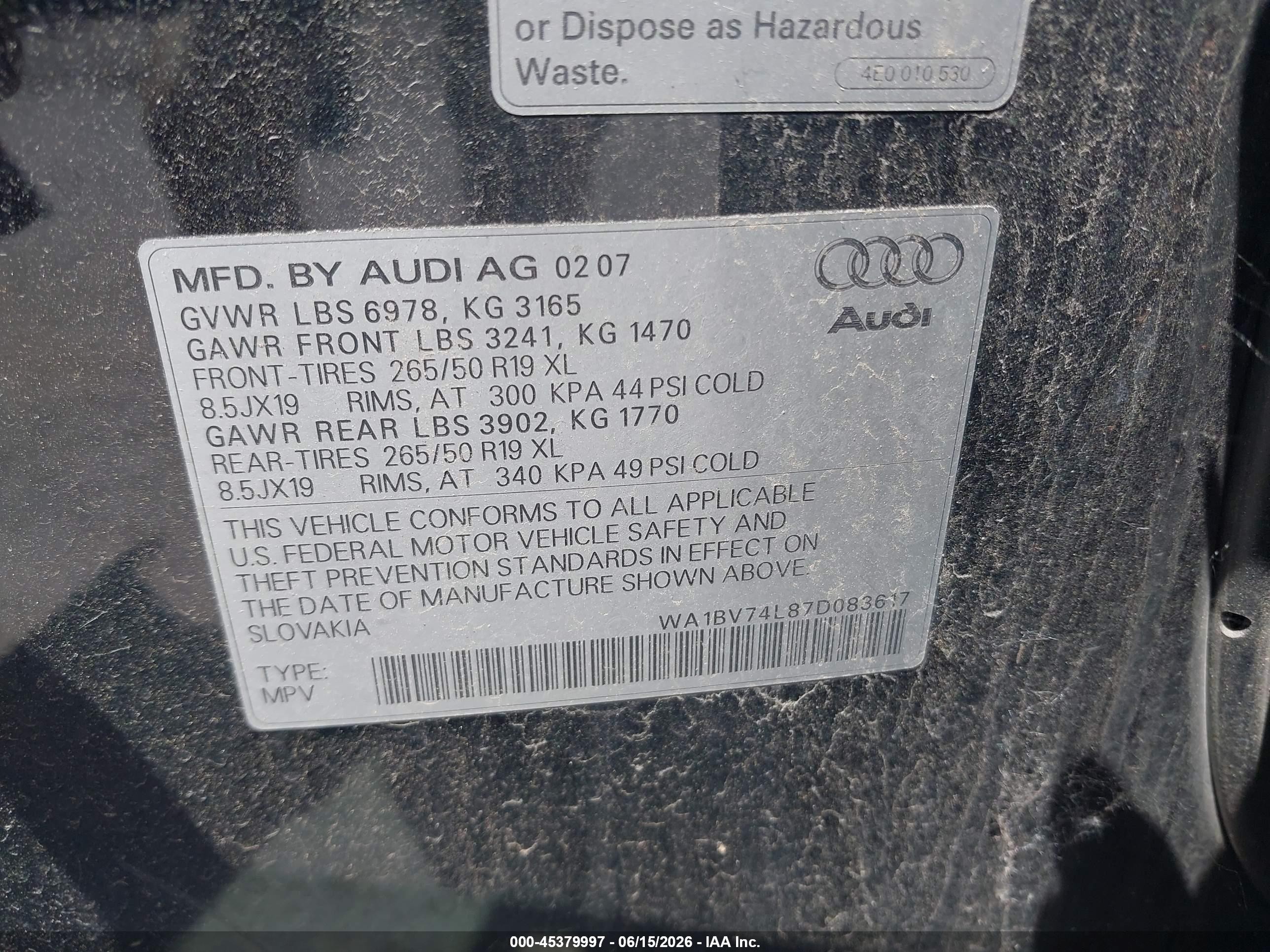 2007 Audi Q7 4.2 Premium Black vin: WA1BV74L87D083617