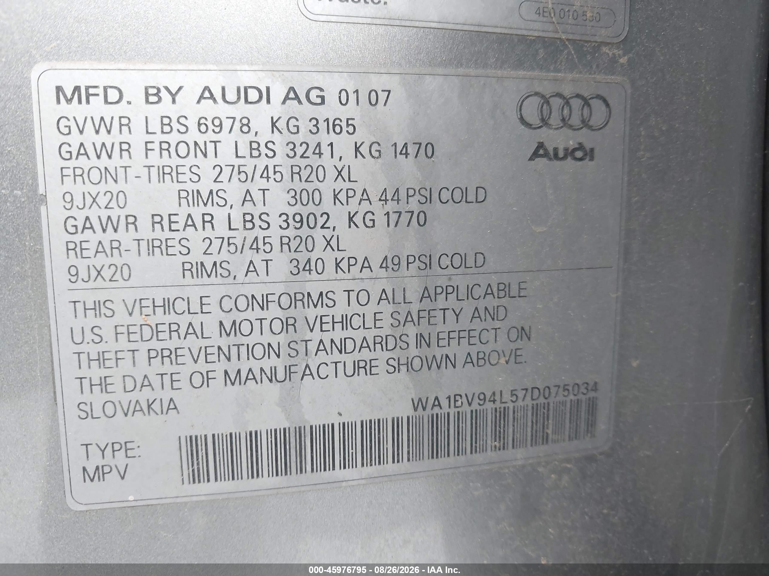 2007 Audi Q7 4.2 Premium Silver vin: WA1BV94L57D075034