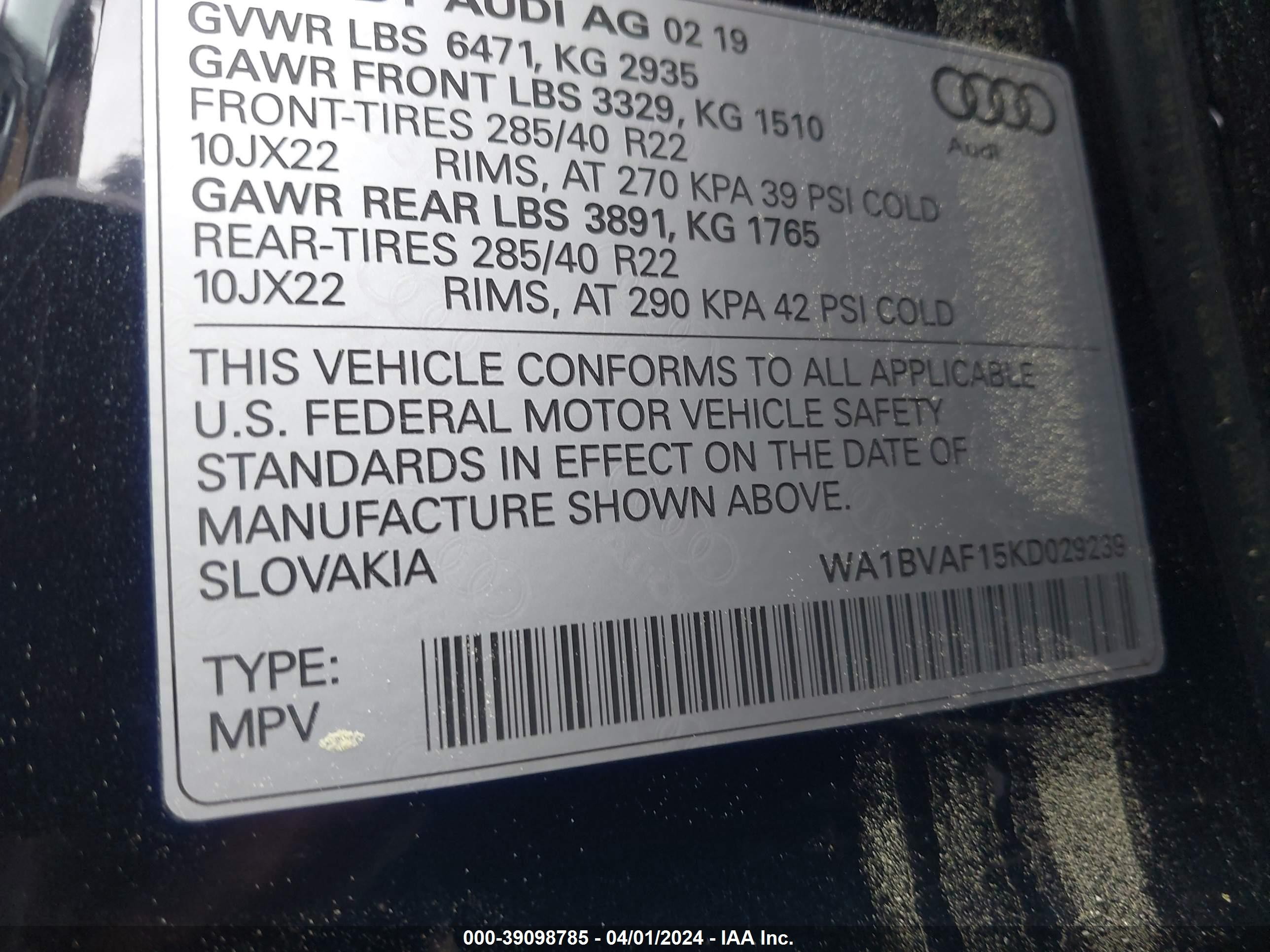 2019 Audi Q8 55 Premium Black vin: WA1BVAF15KD029239