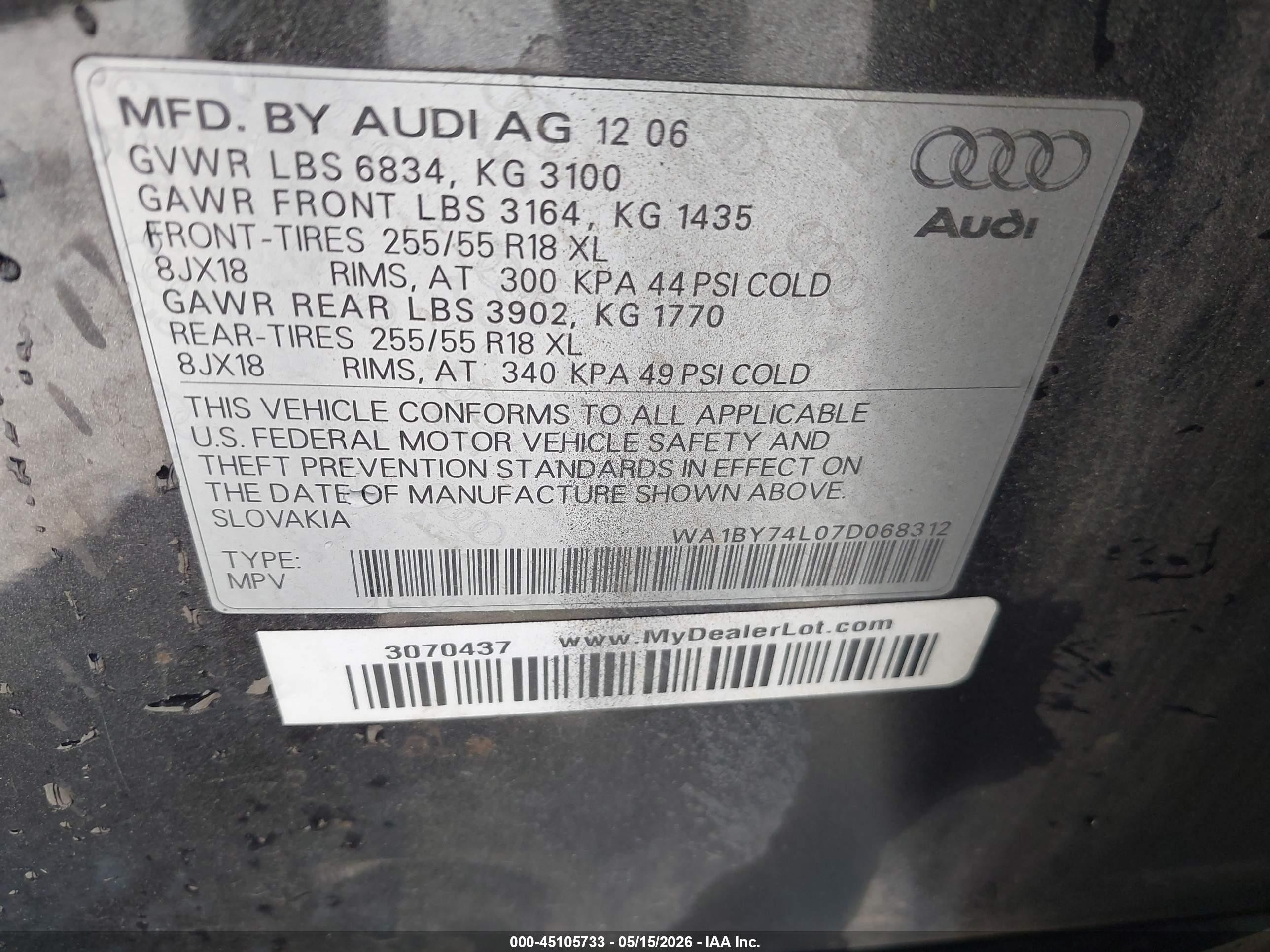 2007 Audi Q7 3.6 Premium Black vin: WA1BY74L07D068312