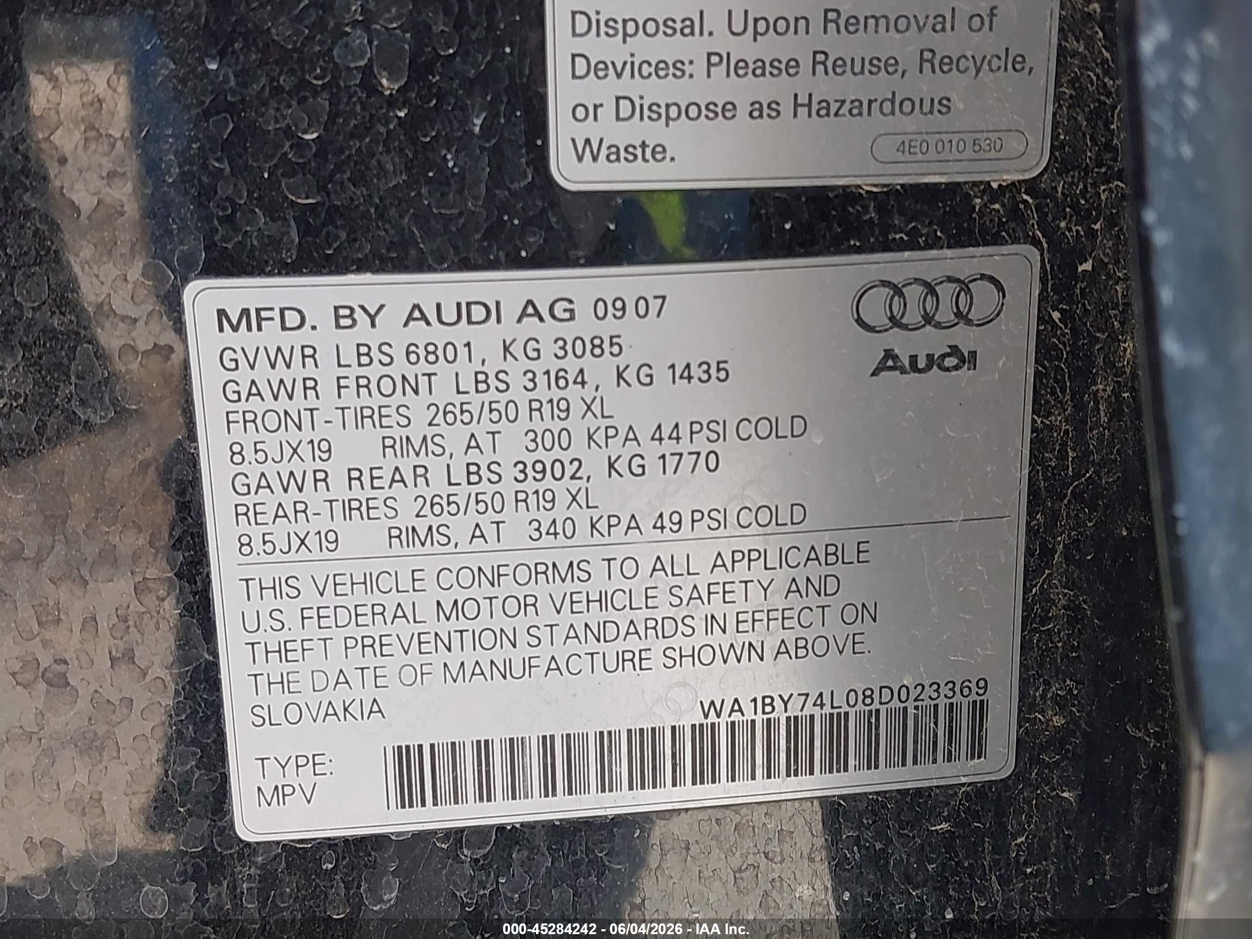 2008 Audi Q7 3.6 Premium Black vin: WA1BY74L08D023369