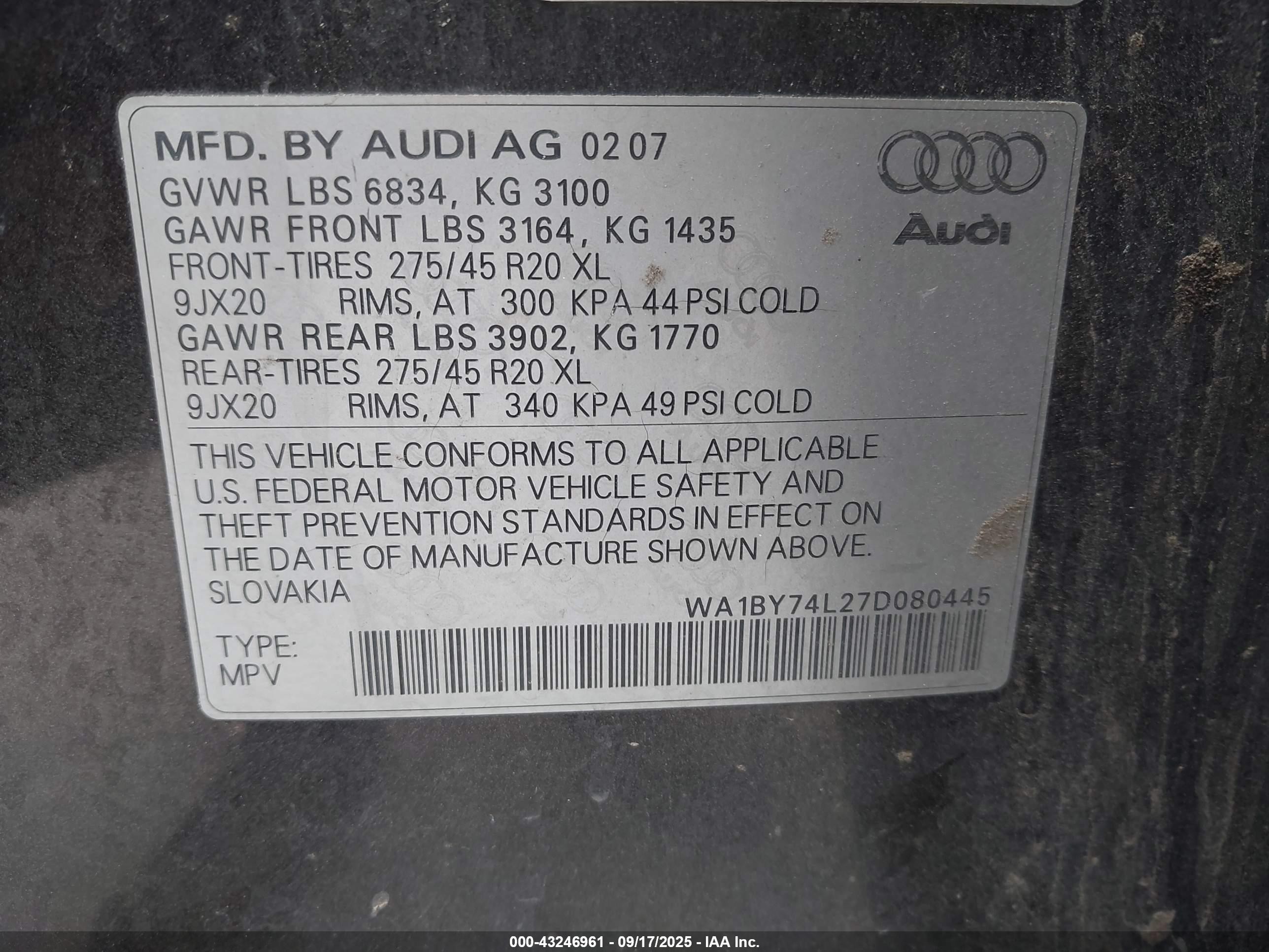 2007 Audi Q7 3.6 Premium Gray vin: WA1BY74L27D080445