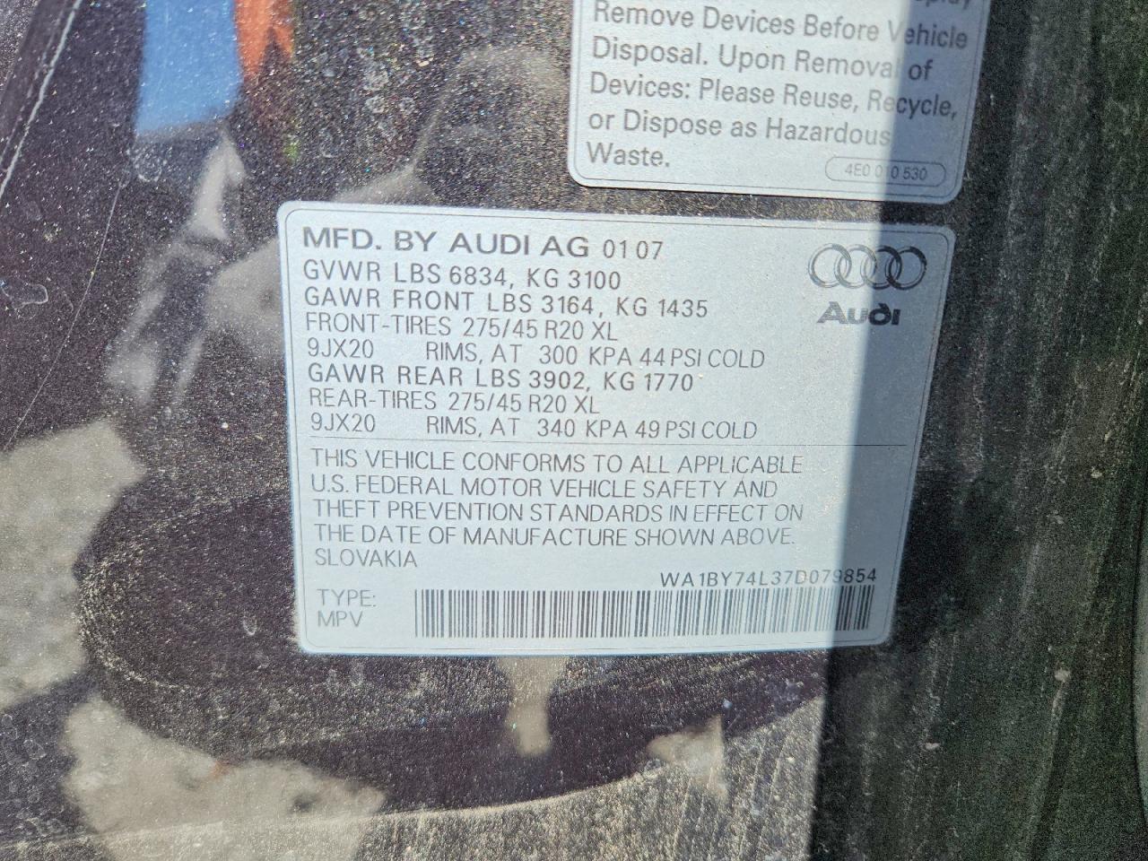2007 Audi Q7 3.6 Quattro Premium Черный vin: WA1BY74L37D079854