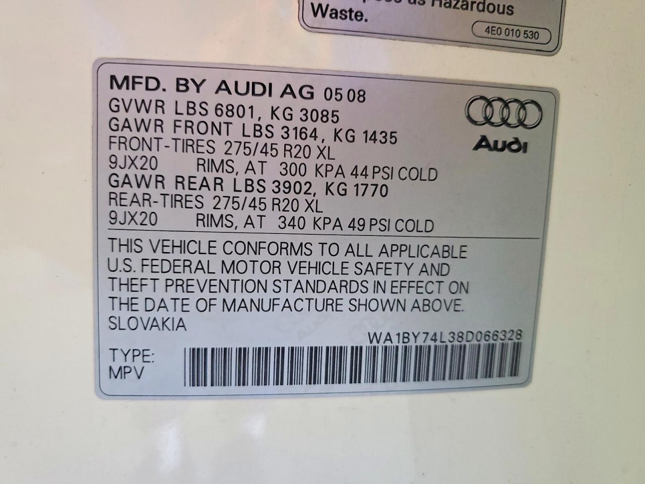 2008 Audi Q7 3.6 Quattro Premium White vin: WA1BY74L38D066328