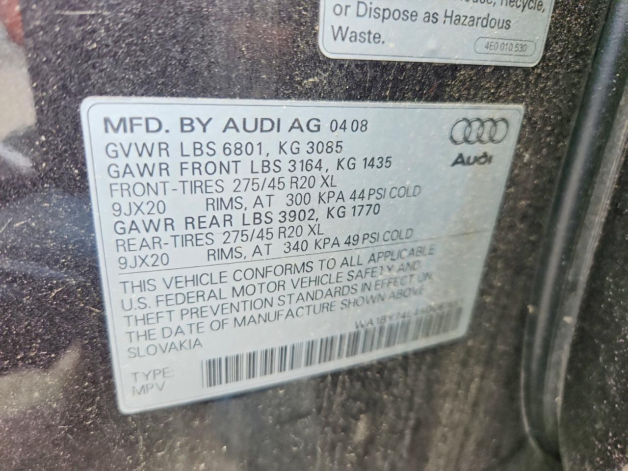 2008 Audi Q7 3.6 Quattro Premium Gray vin: WA1BY74L48D061655