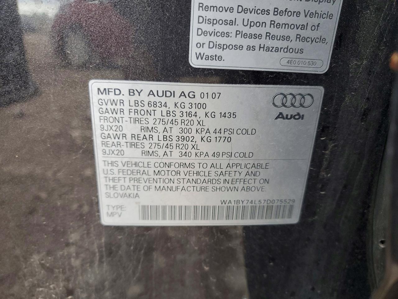 2007 Audi Q7 3.6 Quattro Premium Серый vin: WA1BY74L57D075529