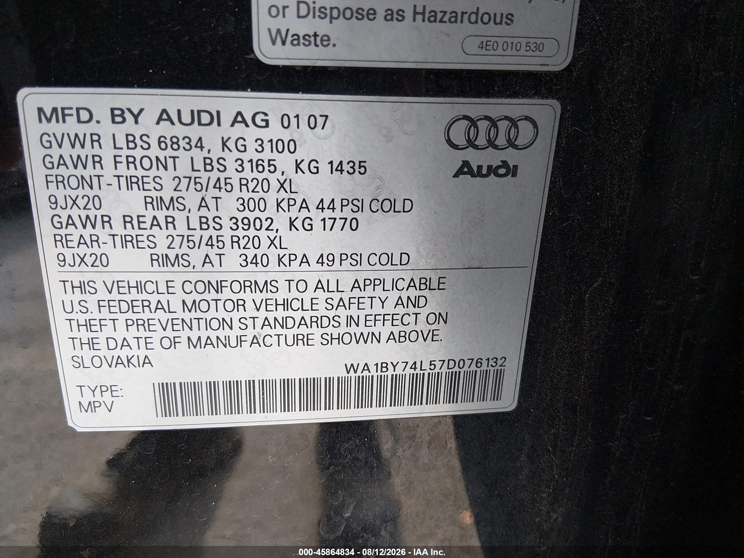 2007 Audi Q7 3.6 Premium Black vin: WA1BY74L57D076132