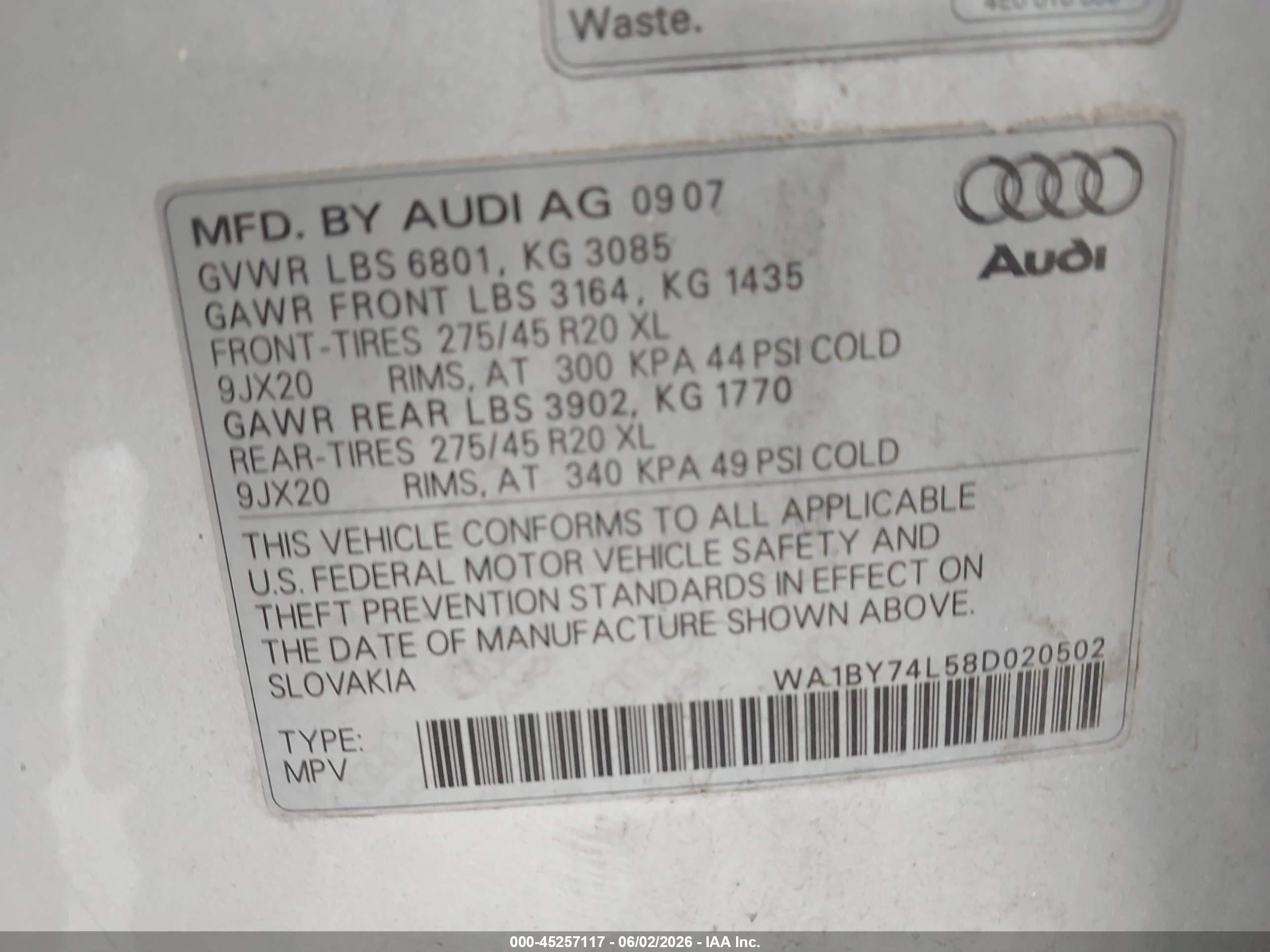 2008 Audi Q7 3.6 Premium Silver vin: WA1BY74L58D020502