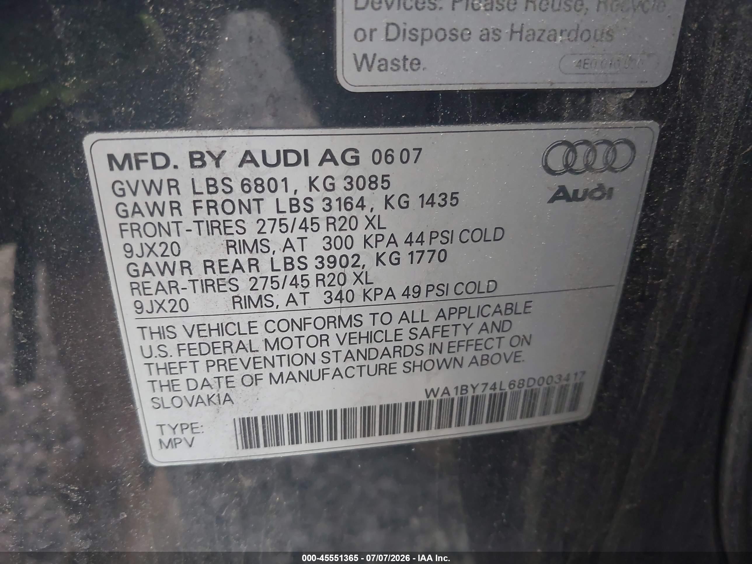 2008 Audi Q7 3.6 Premium Blue vin: WA1BY74L68D003417