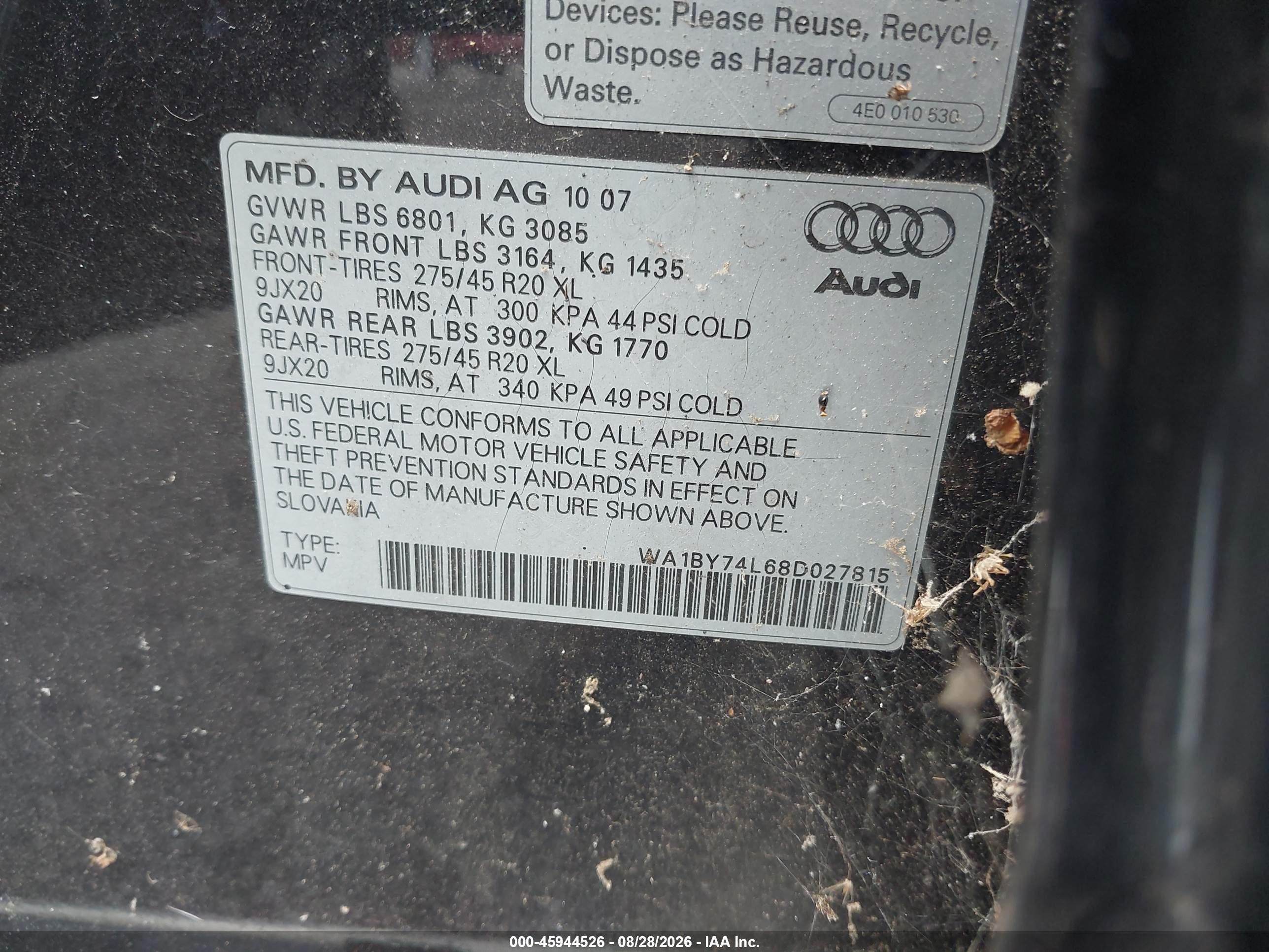 2008 Audi Q7 3.6 Premium Gray vin: WA1BY74L68D027815