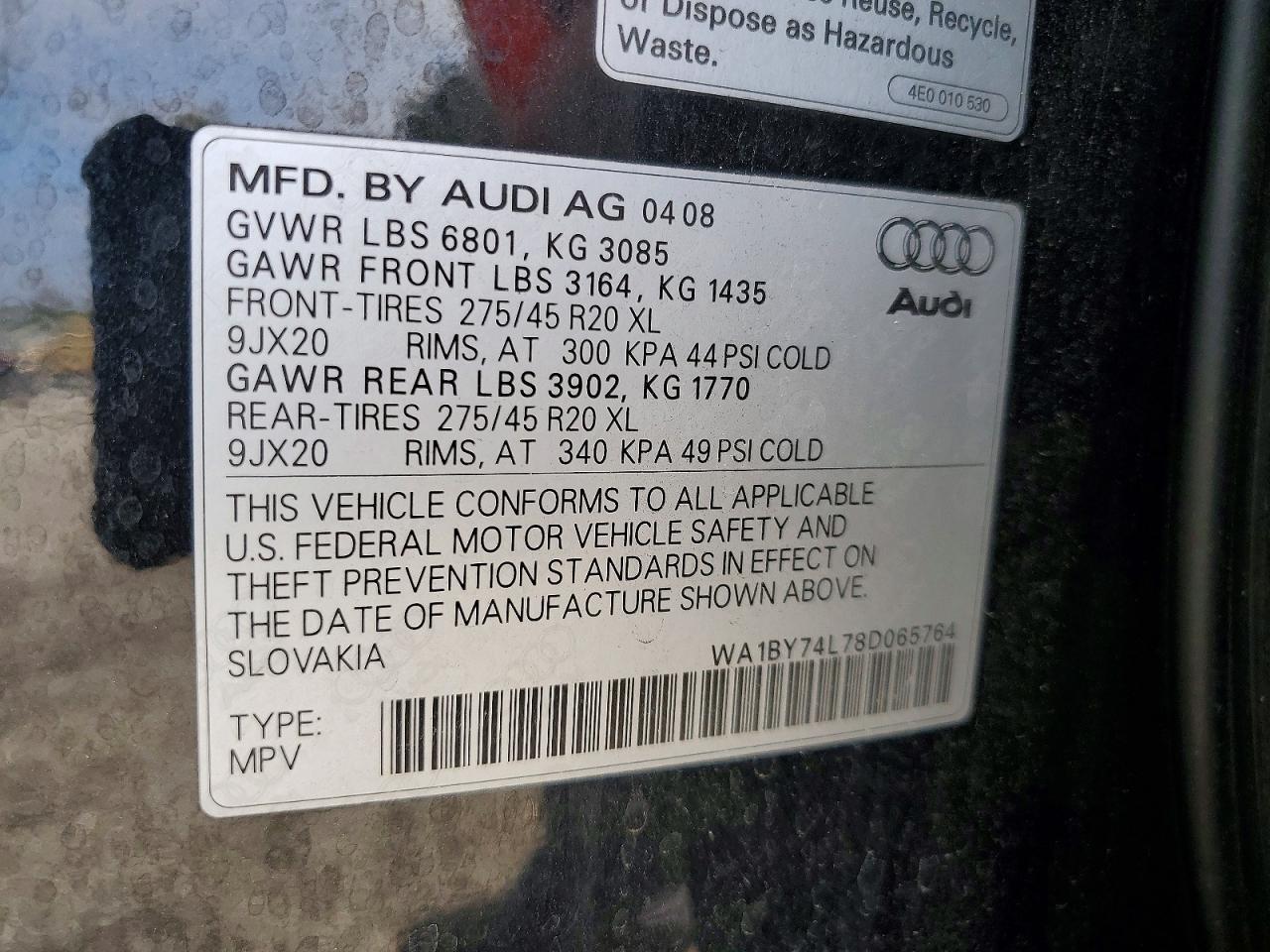 2008 Audi Q7 3.6 Quattro Premium Black vin: WA1BY74L78D065764