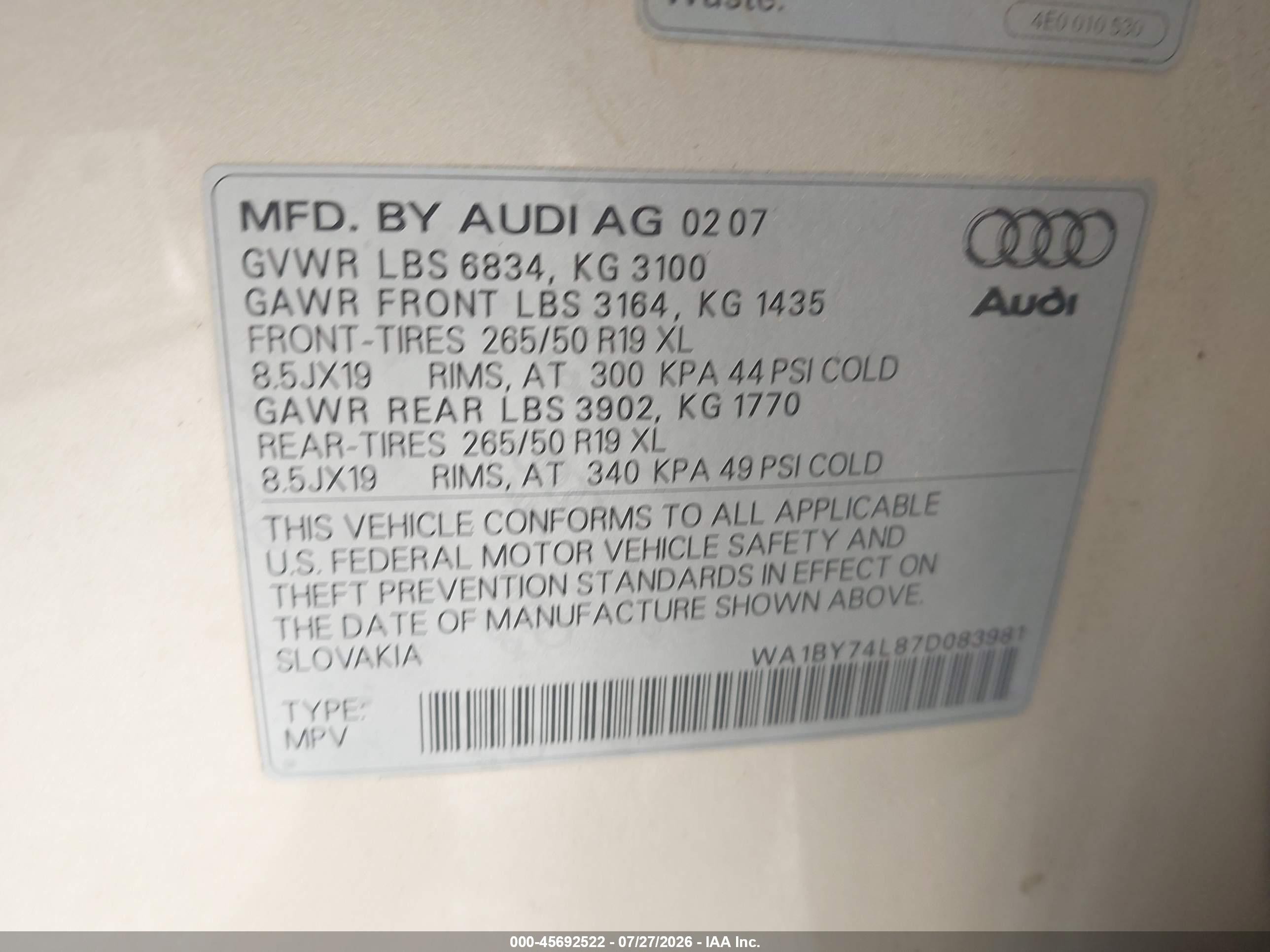 2007 Audi Q7 3.6 Premium Gold vin: WA1BY74L87D083981