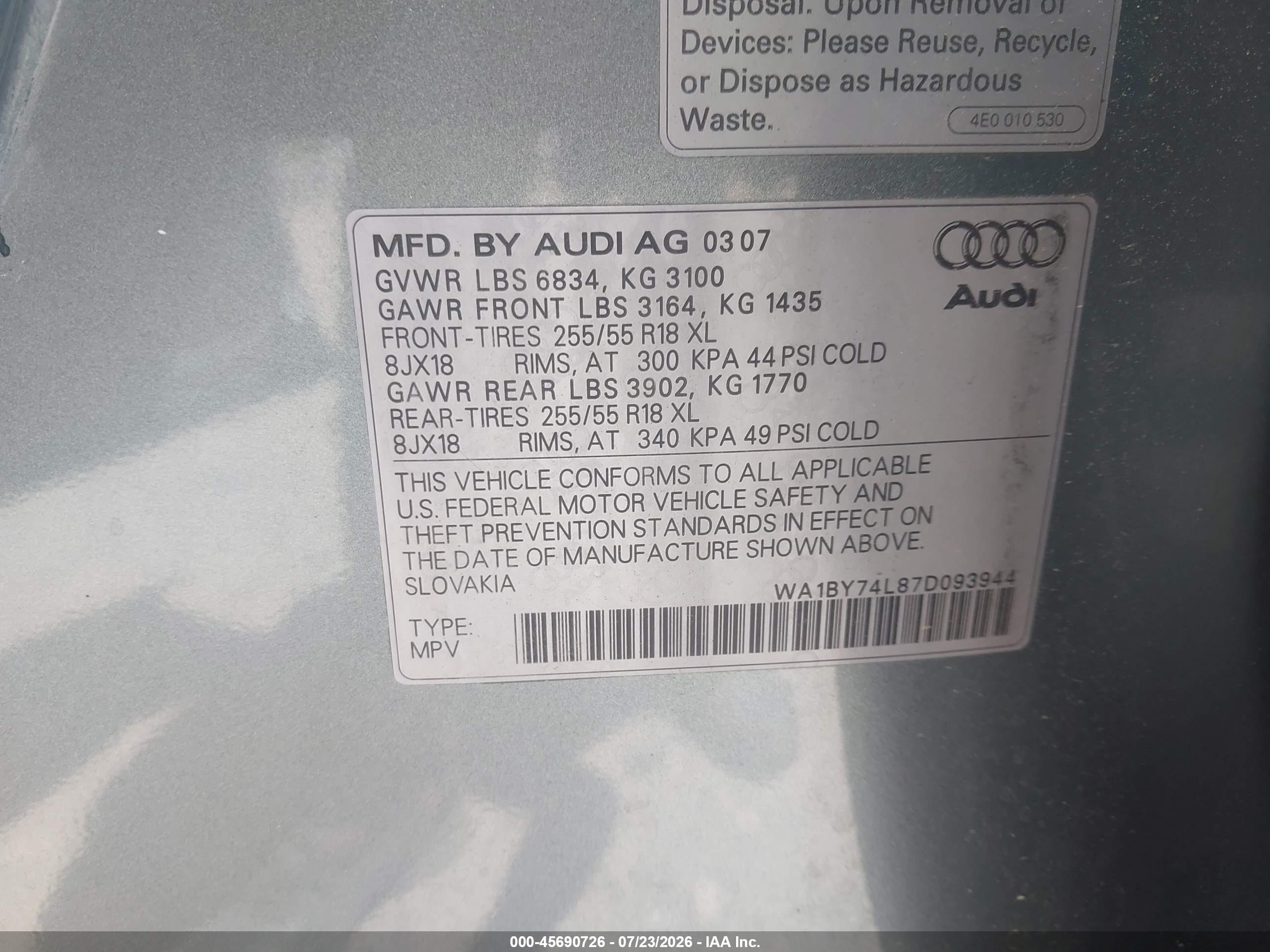 2007 Audi Q7 3.6 Premium Gray vin: WA1BY74L87D093944