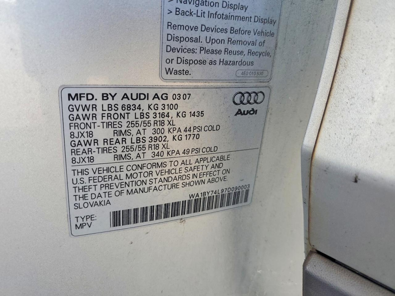 2007 Audi Q7 3.6 Quattro Premium Silver vin: WA1BY74L97D090003