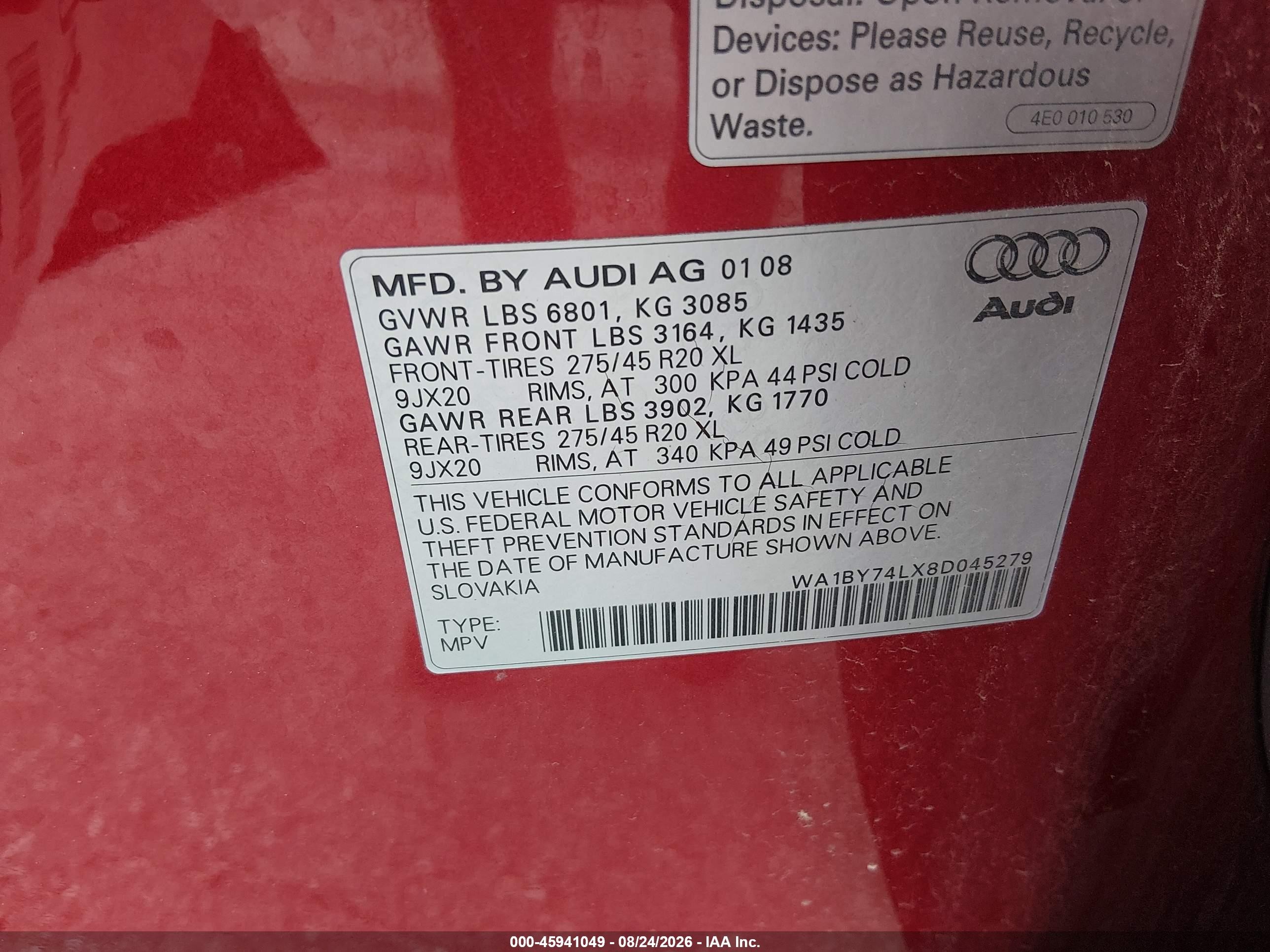 2008 Audi Q7 3.6 Premium Red vin: WA1BY74LX8D045279
