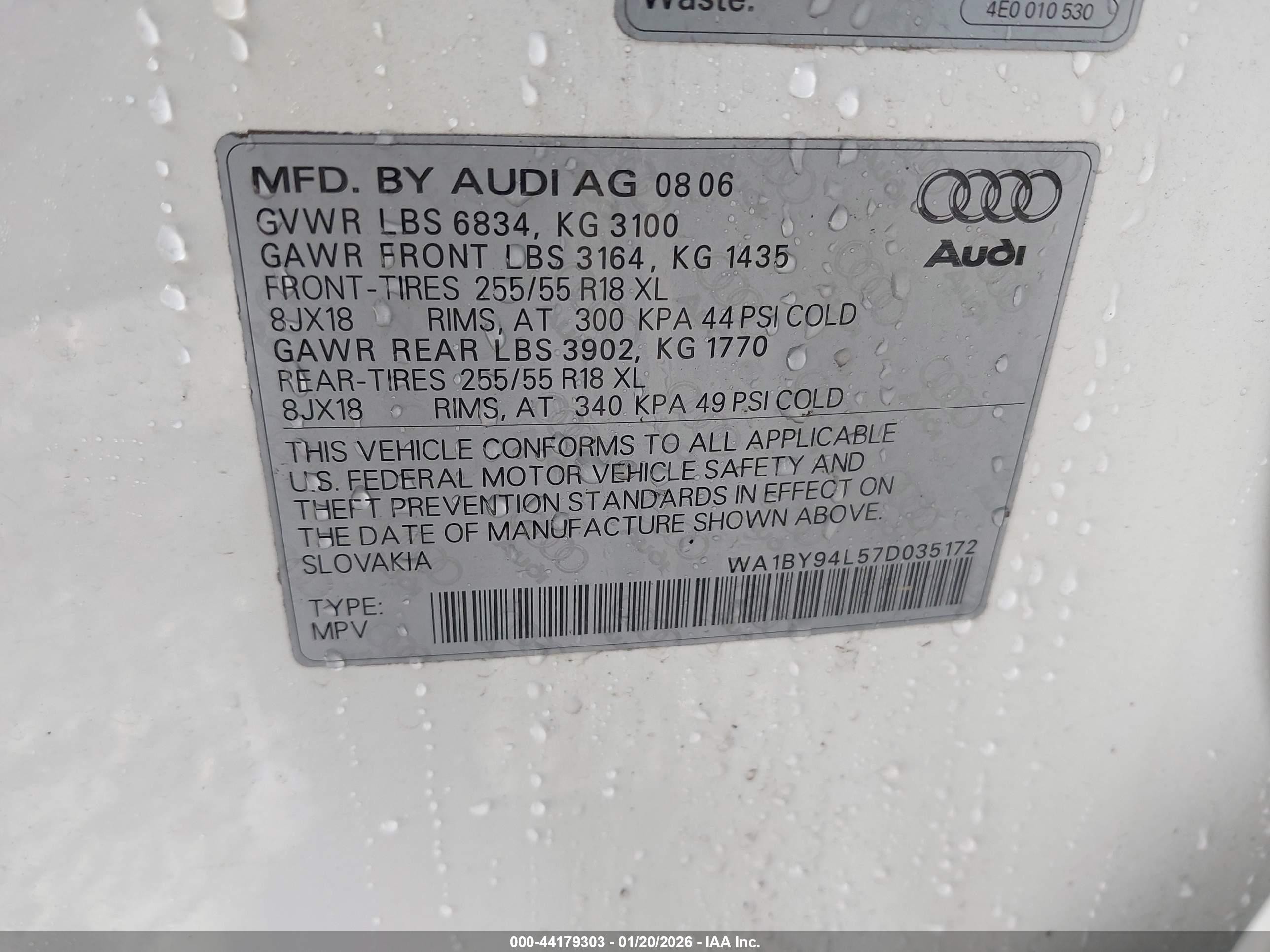 2007 Audi Q7 3.6 Premium White vin: WA1BY94L57D035172