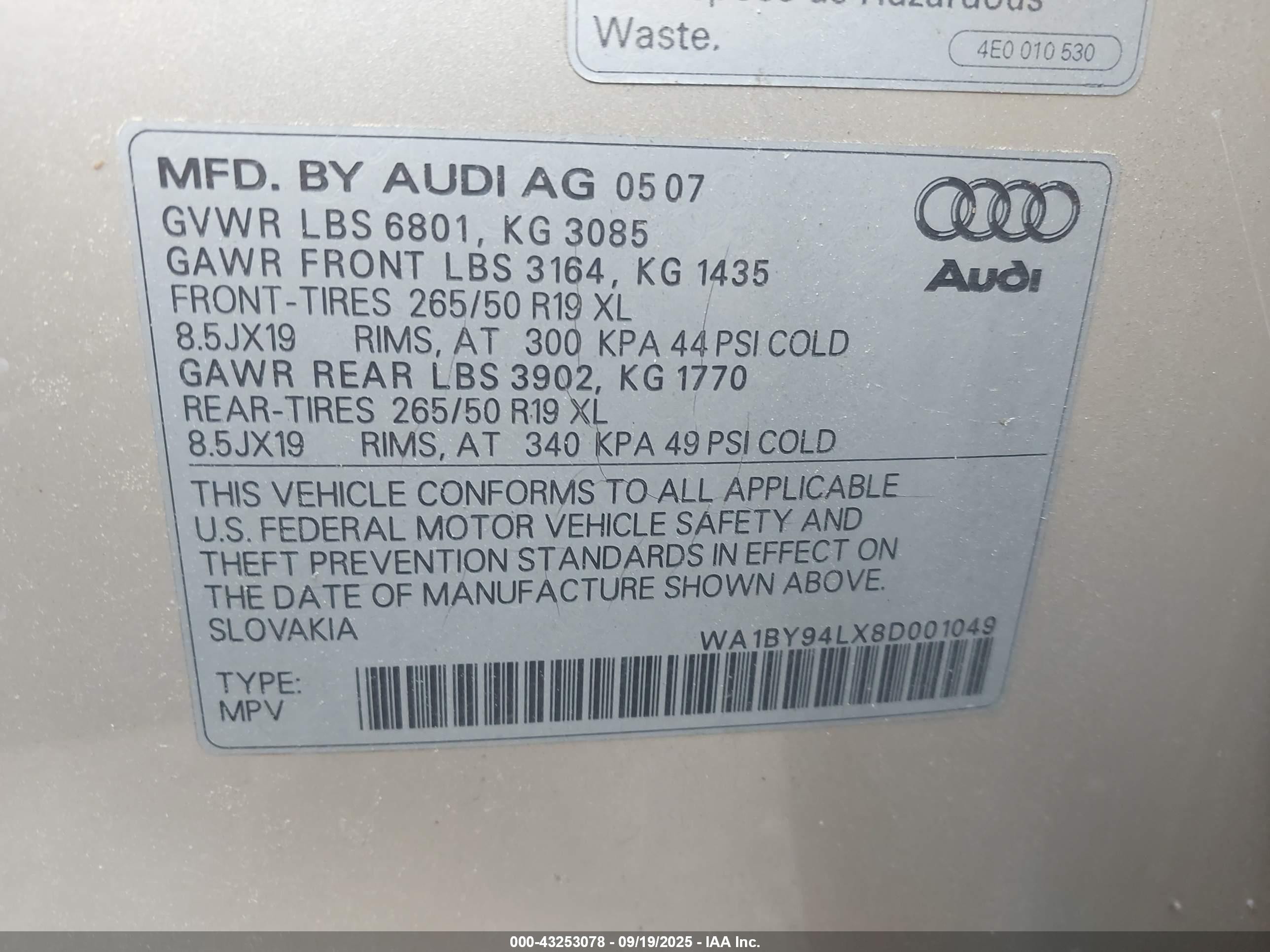 2008 Audi Q7 3.6 Premium Silver vin: WA1BY94LX8D001049
