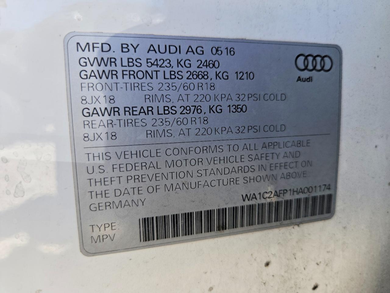 2017 Audi Q5 Premium White vin: WA1C2AFP1HA001174