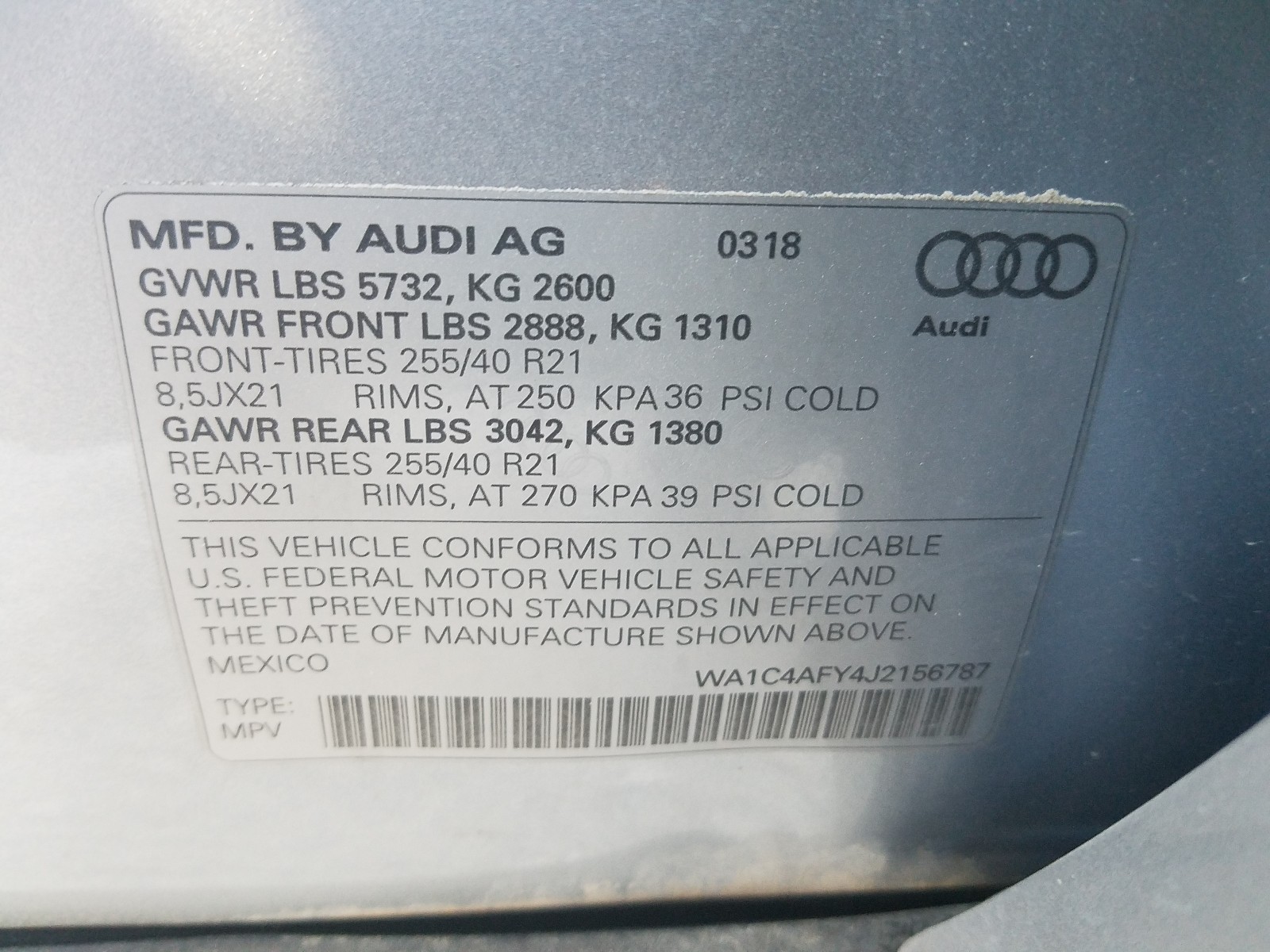 2018 Audi Sq5 Prestige Silver vin: WA1C4AFY4J2156787