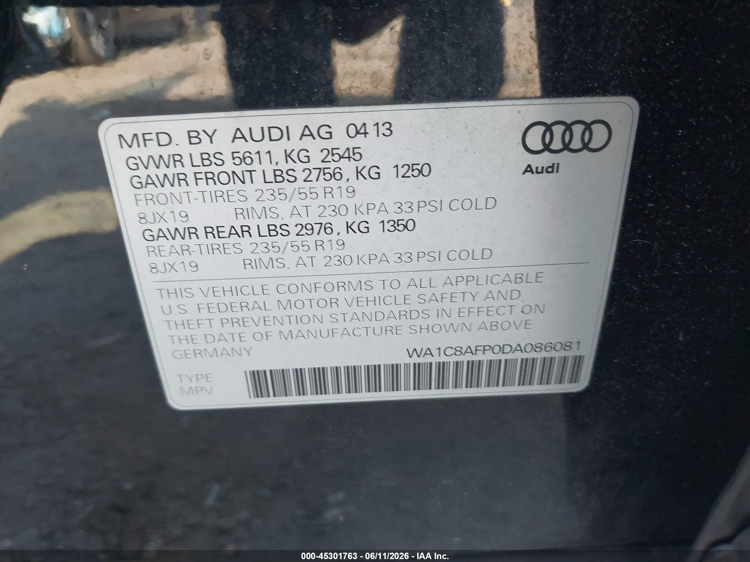 2013 Audi Q5 Hybrid 2.0t Prestige Black vin: WA1C8AFP0DA086081