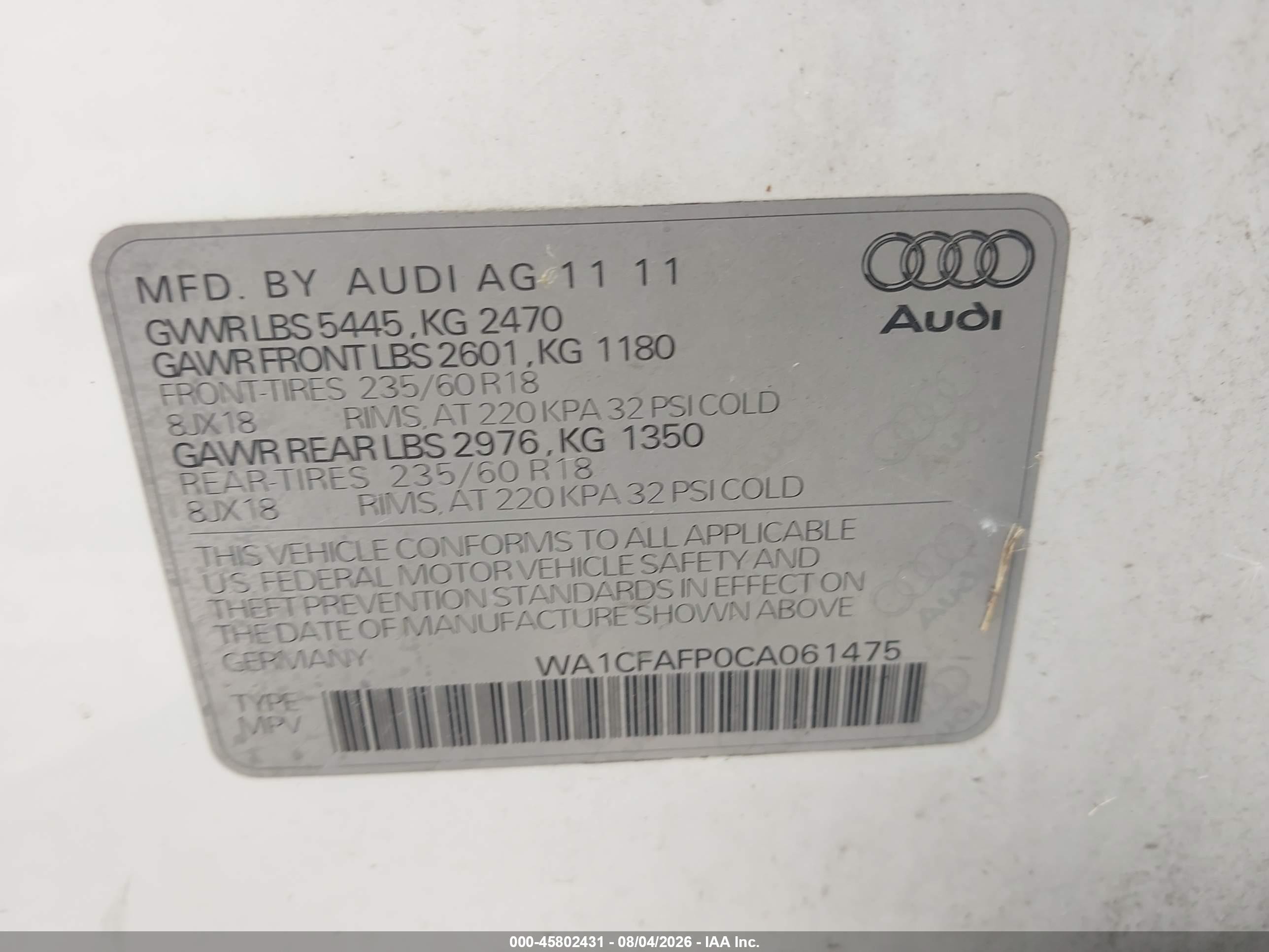 2012 Audi Q5 2.0t Premium White vin: WA1CFAFP0CA061475