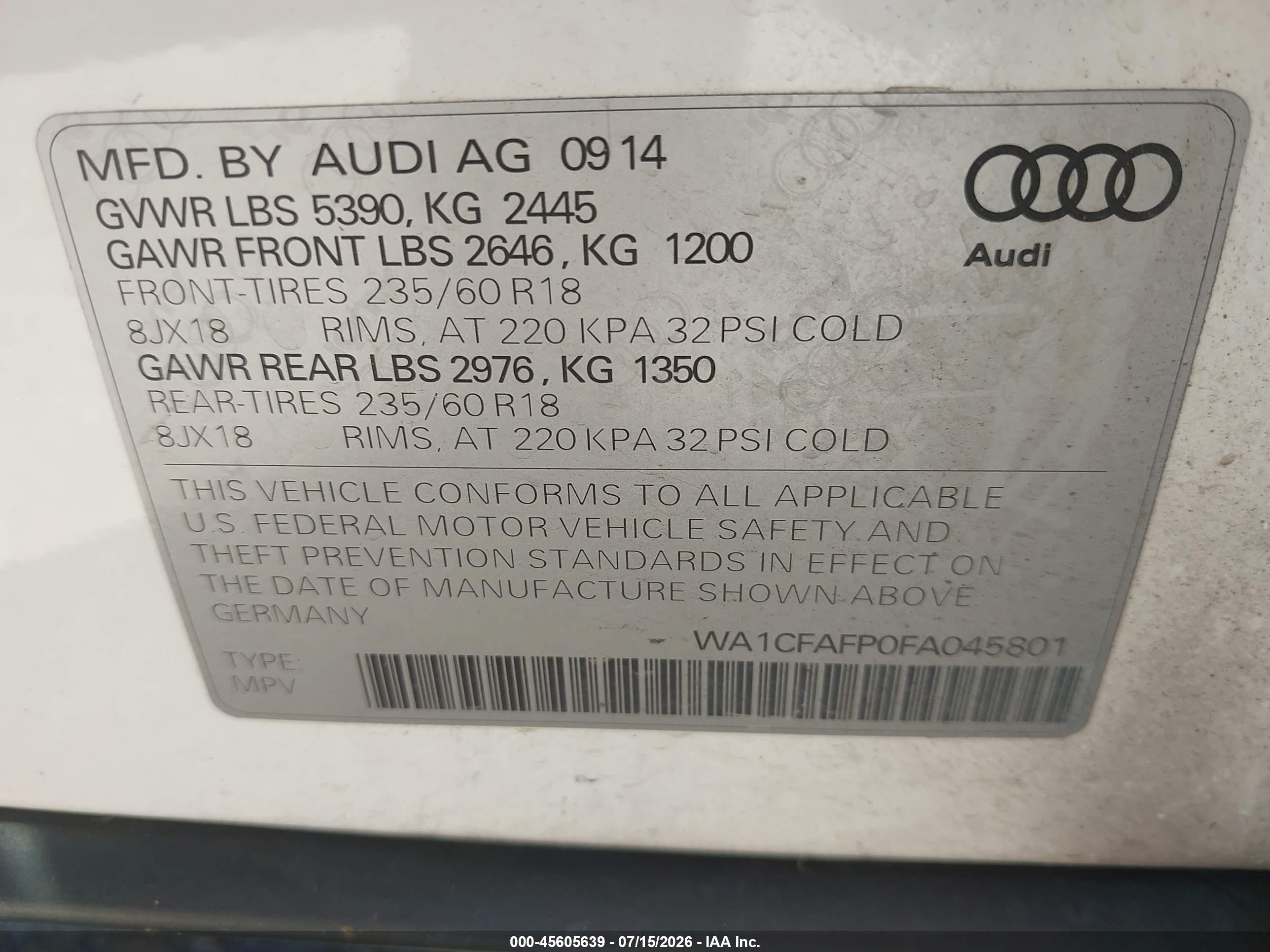 2015 Audi Q5 2.0t Premium White vin: WA1CFAFP0FA045801