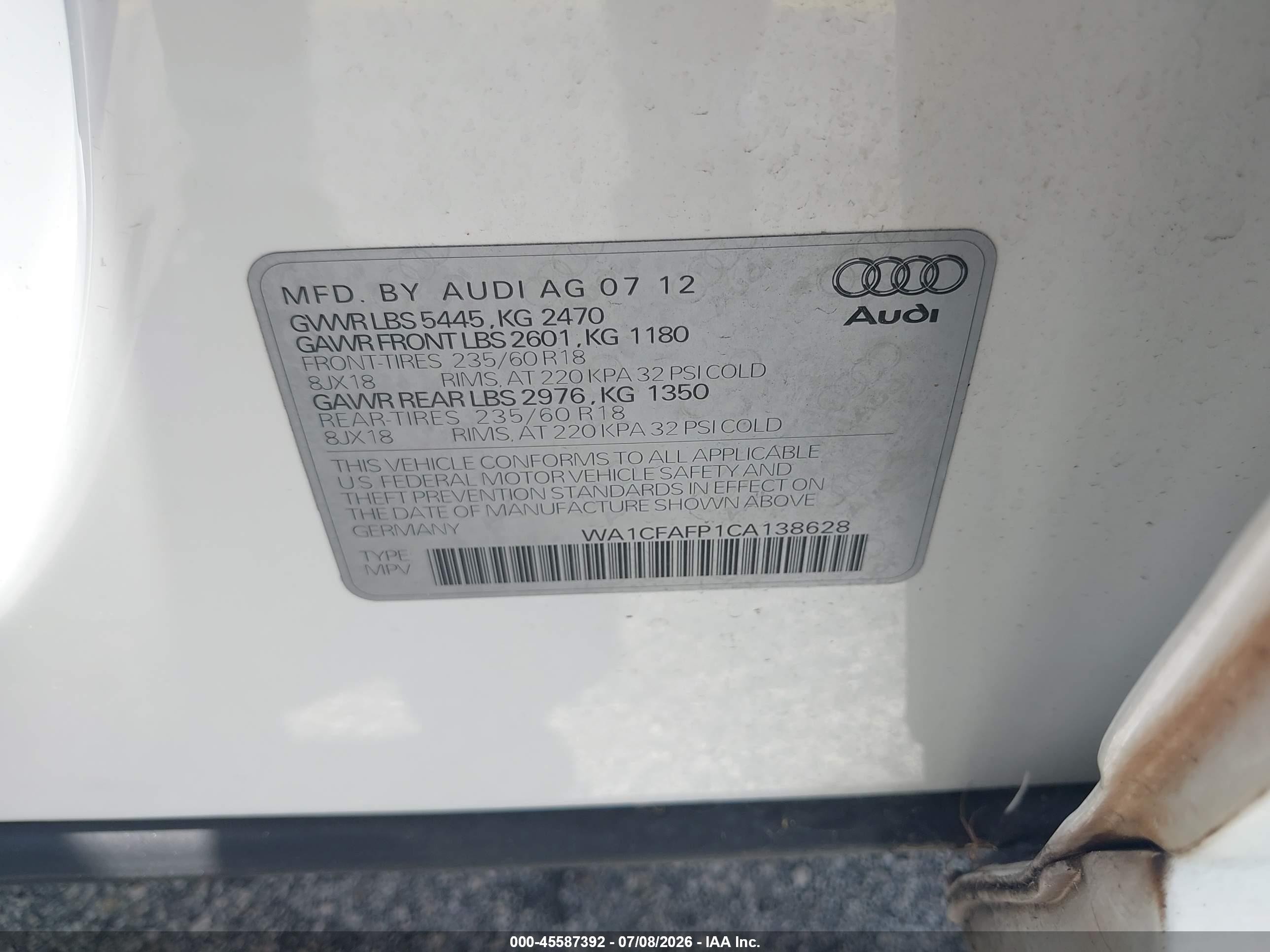 2012 Audi Q5 2.0t Premium White vin: WA1CFAFP1CA138628