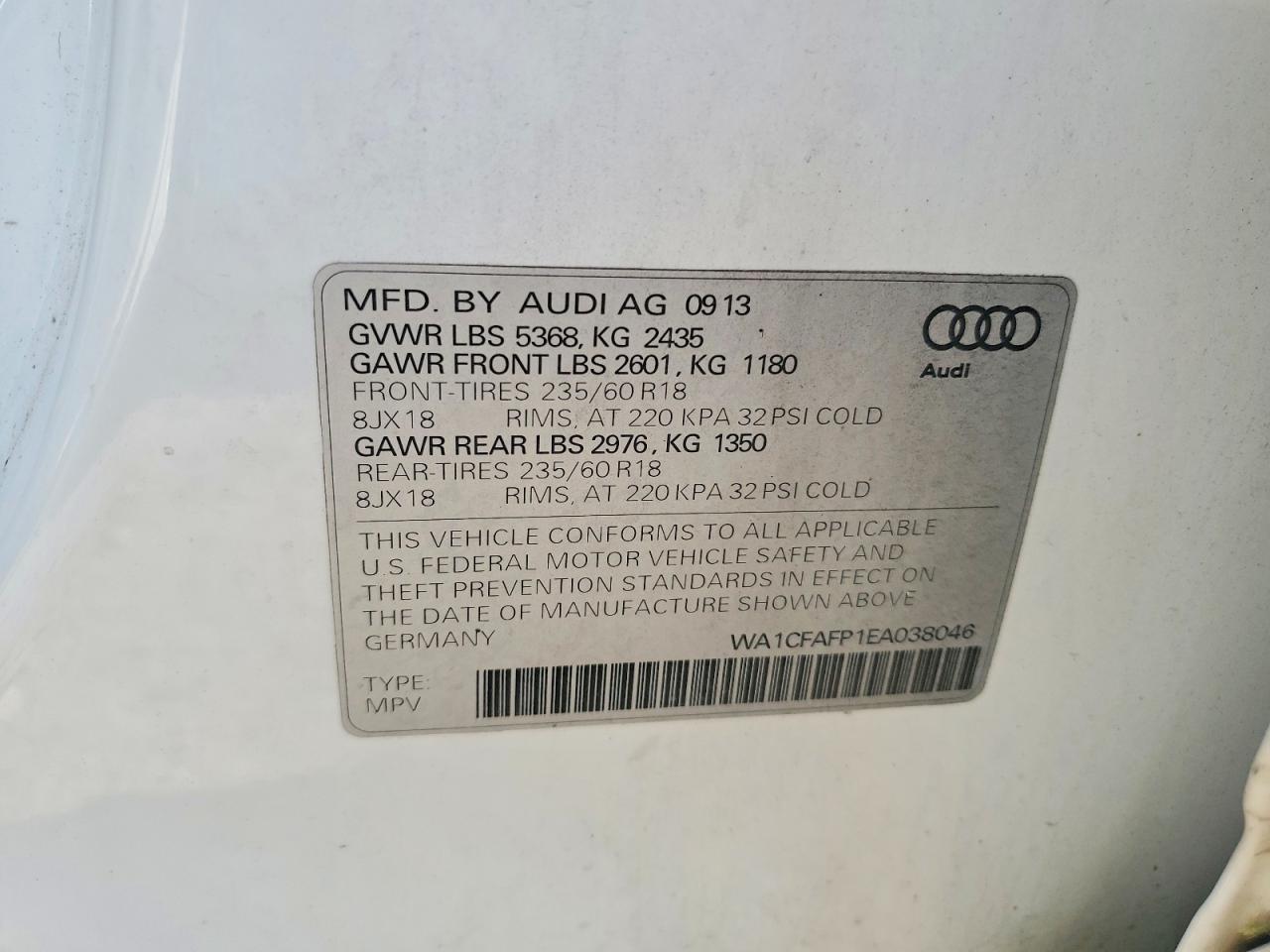 2014 Audi Q5 Premium White vin: WA1CFAFP1EA038046
