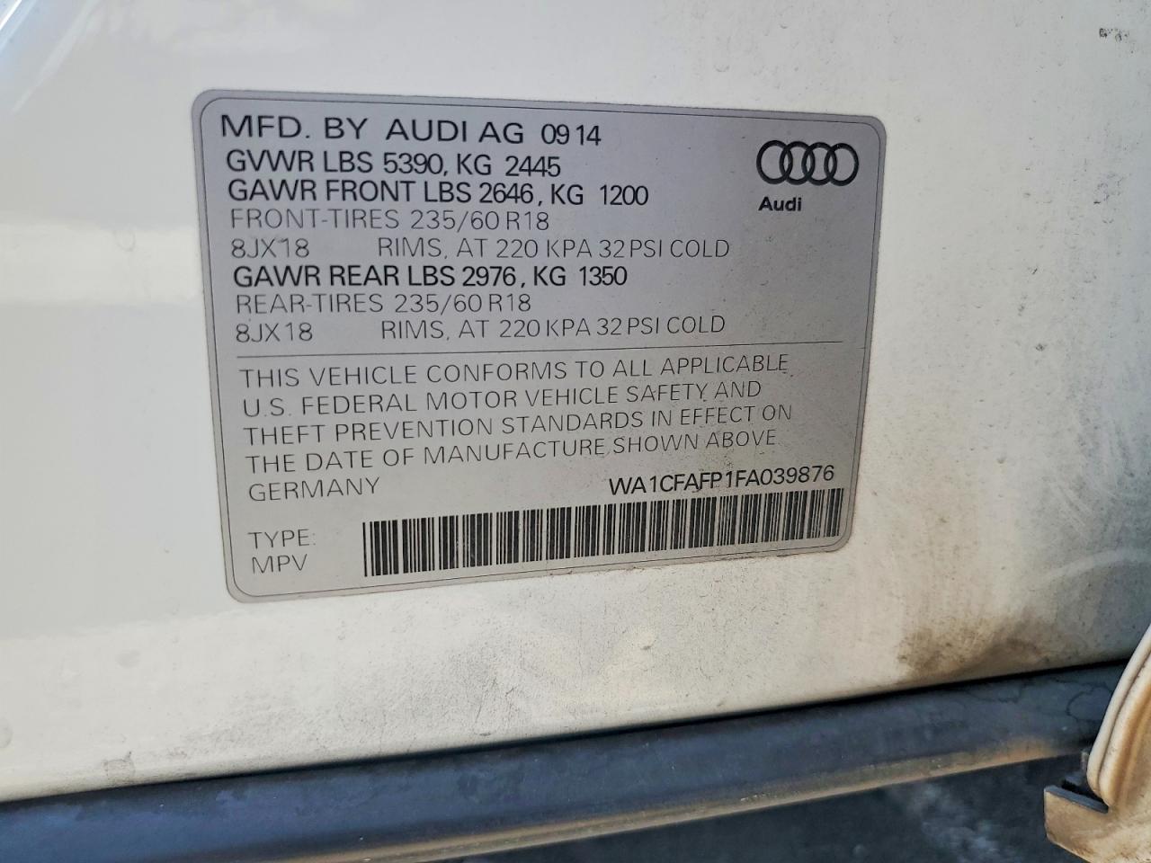 2015 Audi Q5 Premium White vin: WA1CFAFP1FA039876