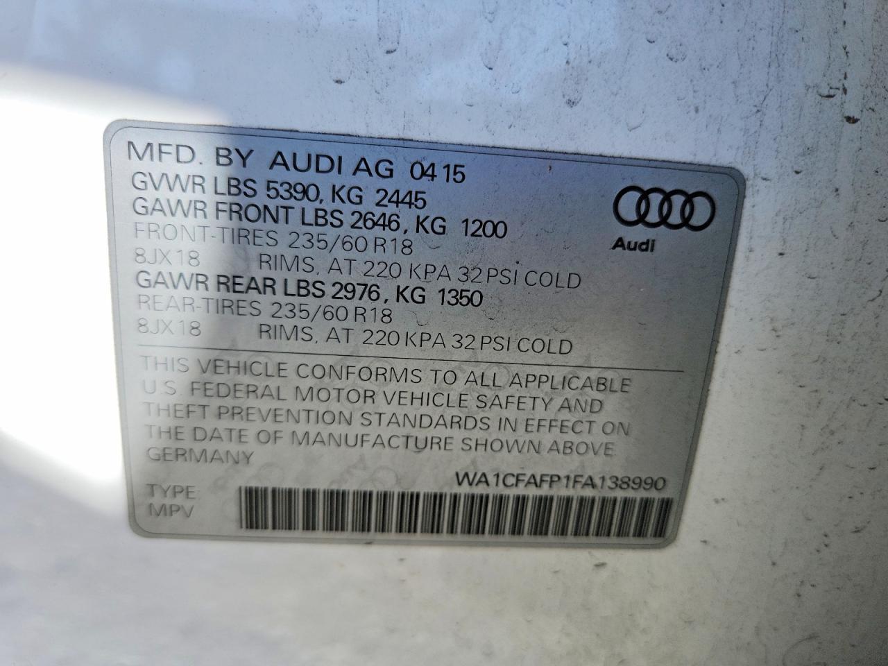 2015 Audi Q5 Premium White vin: WA1CFAFP1FA138990
