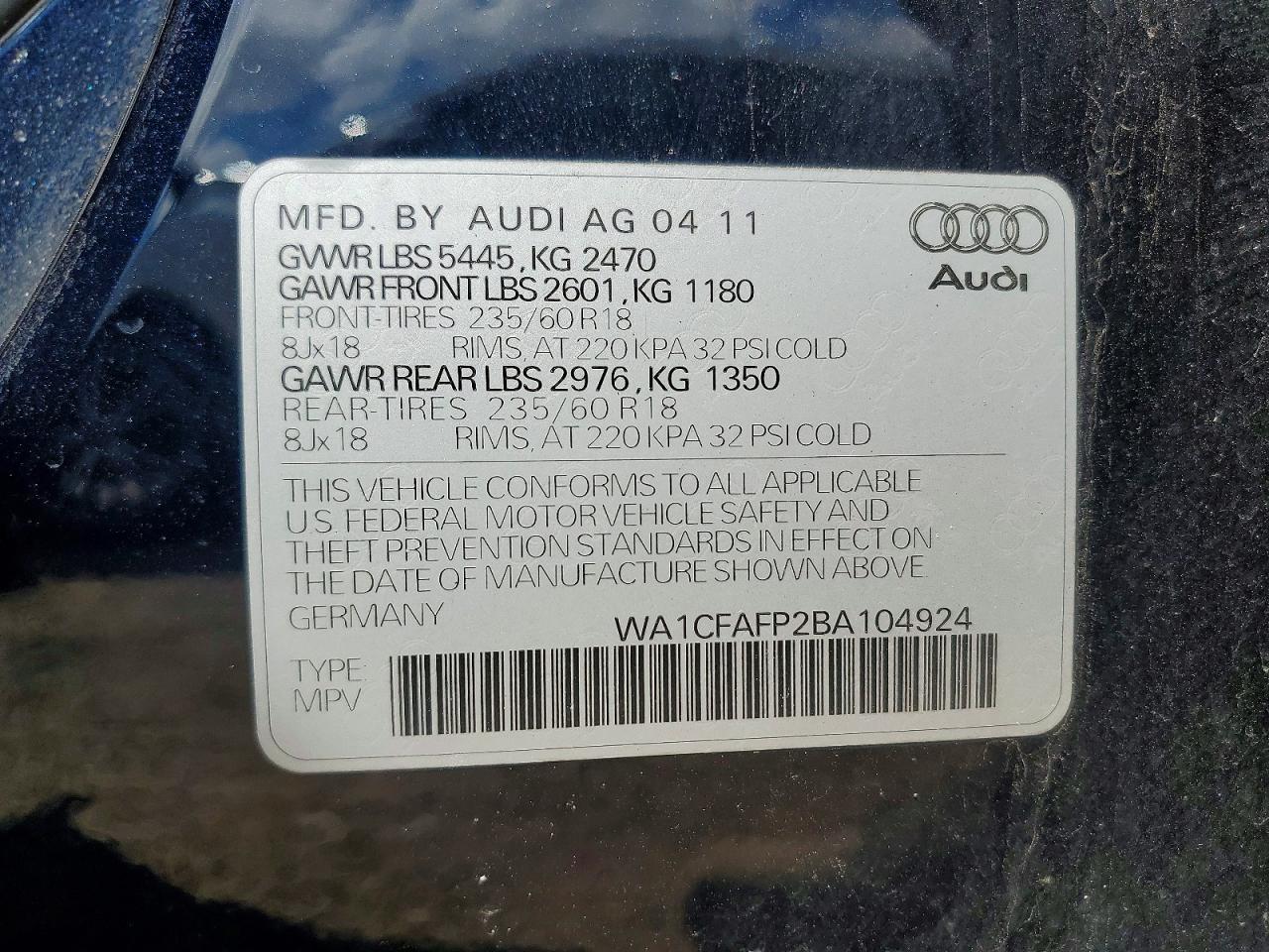 2011 Audi Q5 Premium Серый vin: WA1CFAFP2BA104924