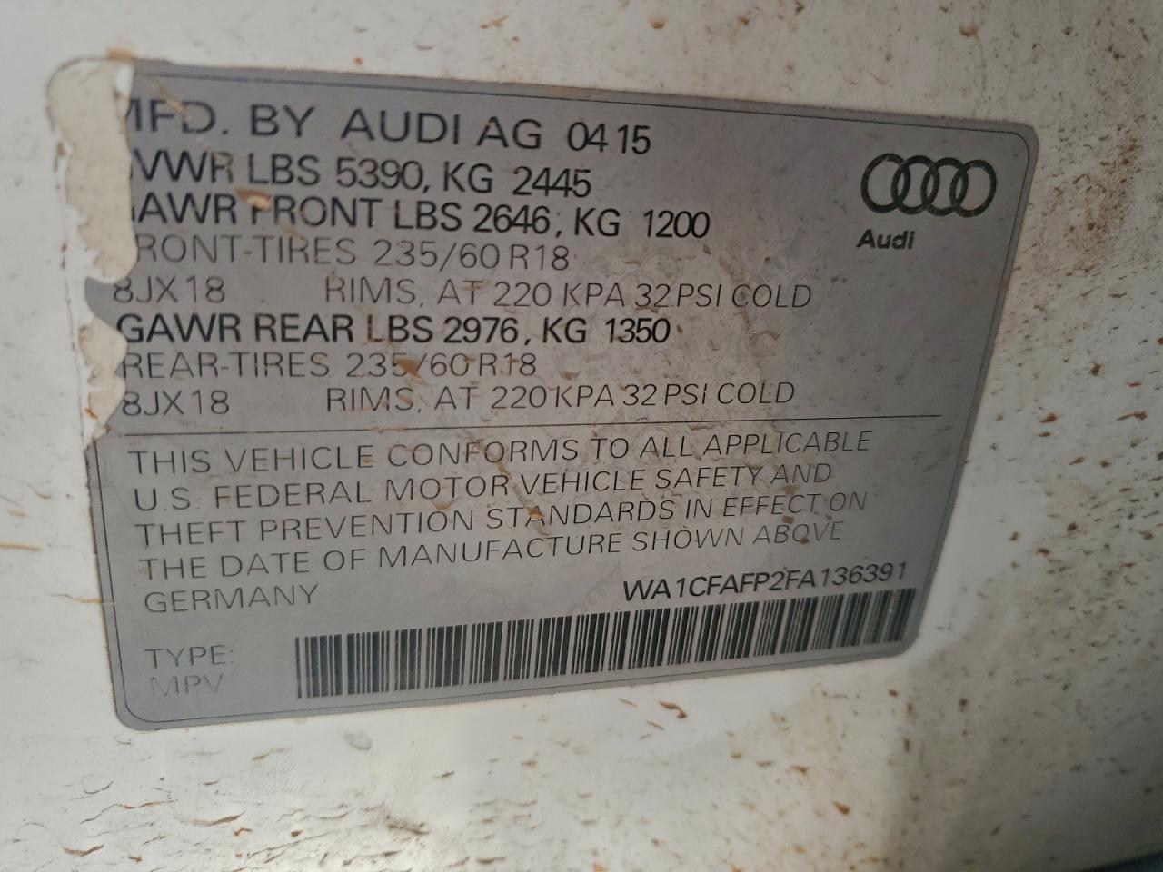 2015 Audi Q5 Premium White vin: WA1CFAFP2FA136391