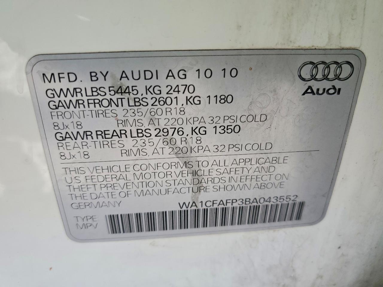 2011 Audi Q5 Premium White vin: WA1CFAFP3BA043552