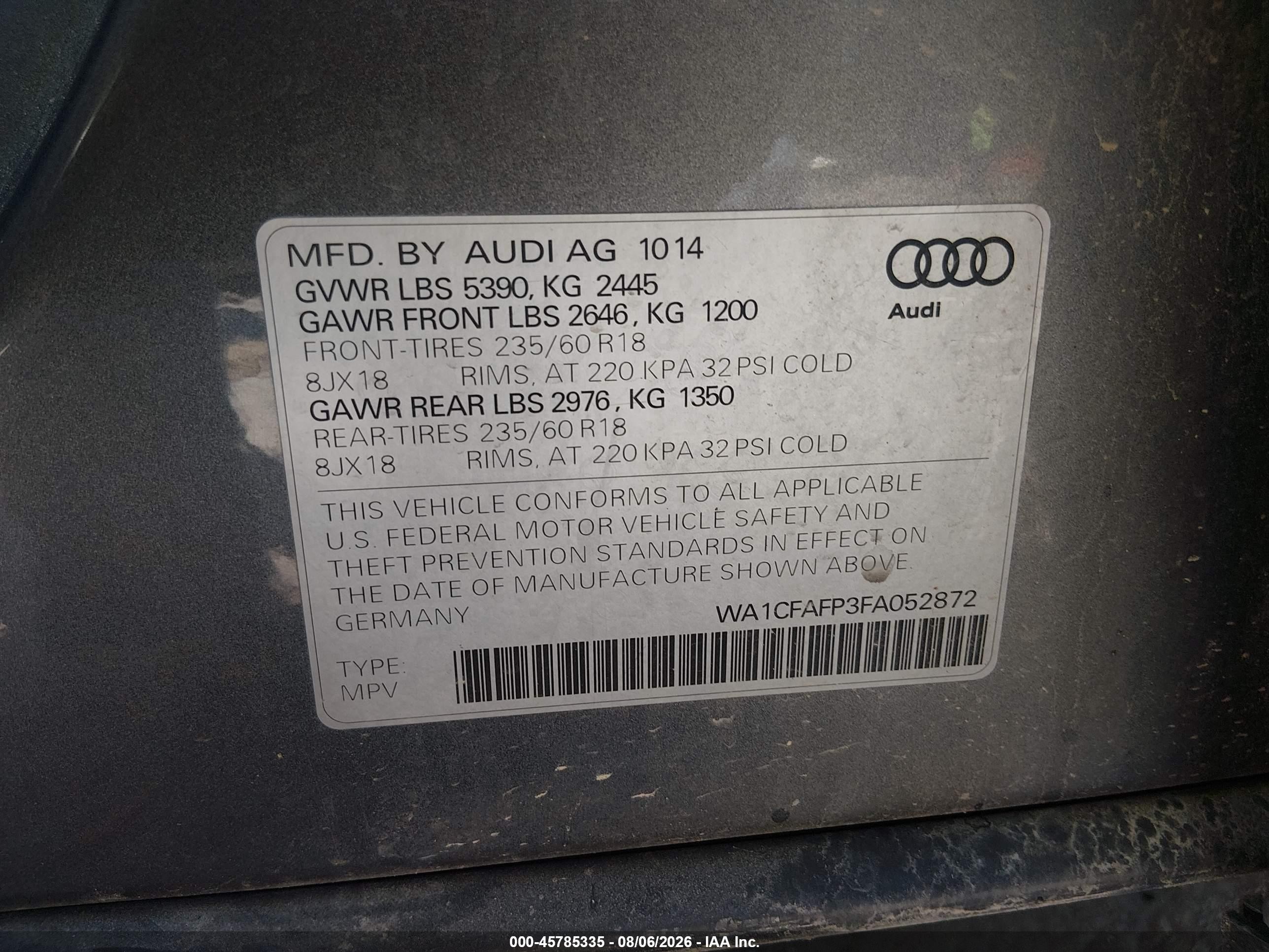 2015 Audi Q5 2.0t Premium Gray vin: WA1CFAFP3FA052872